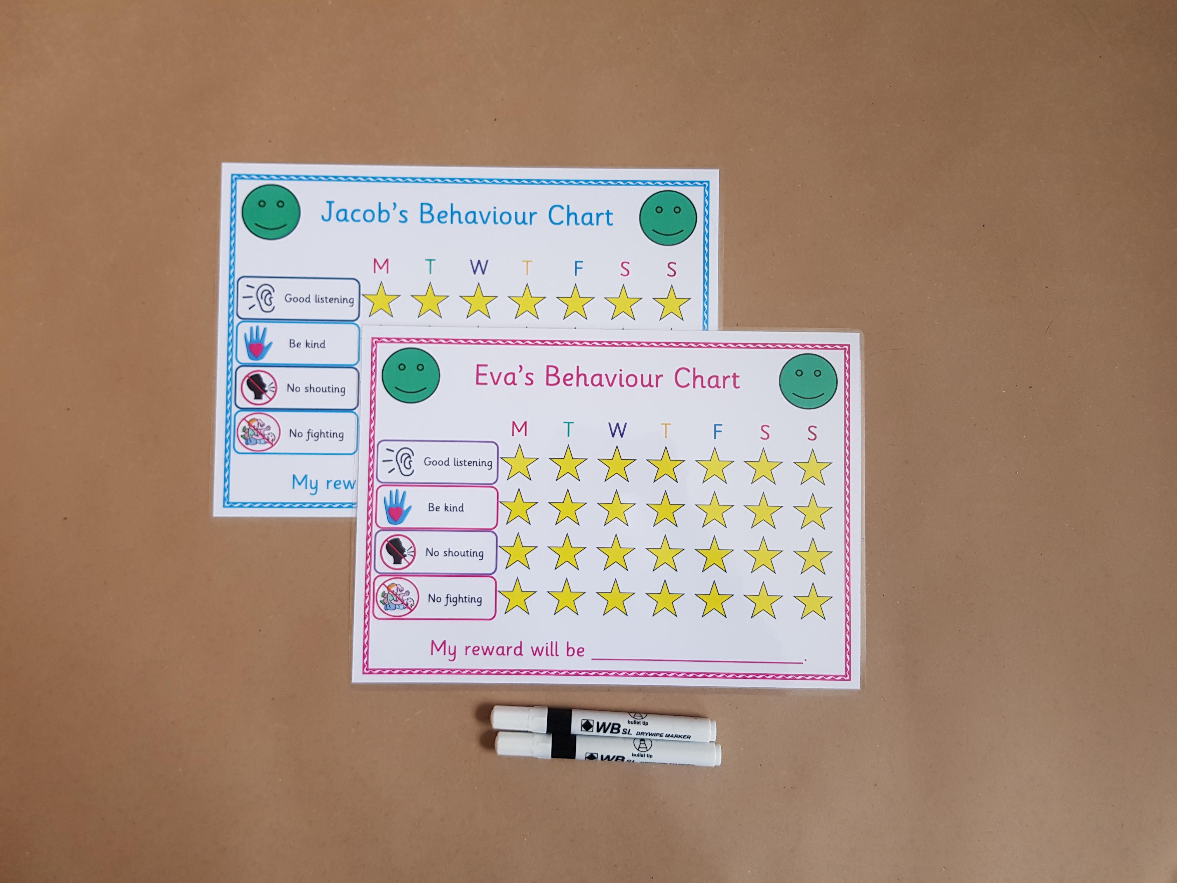 2x Personalised Behaviour Reward Charts and dry wipe pens