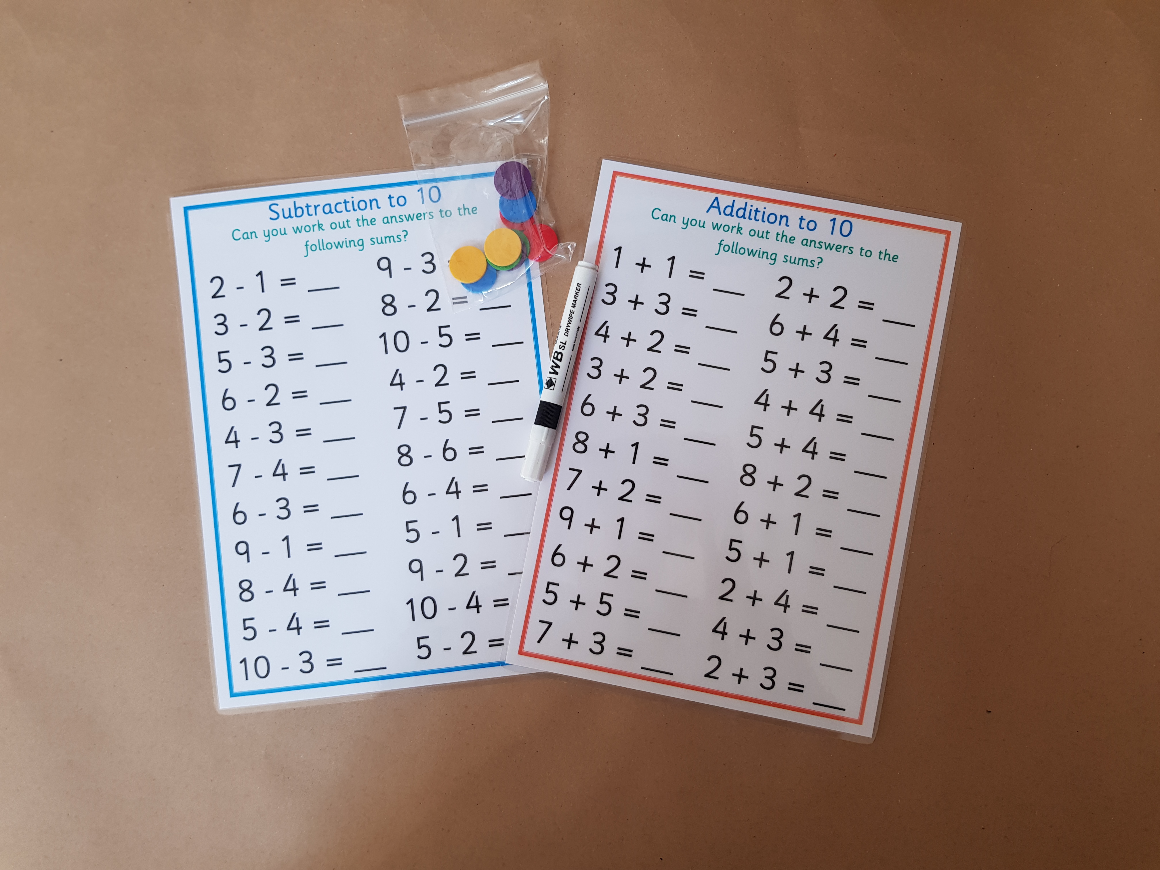 Addition and subtraction to worksheets to 10