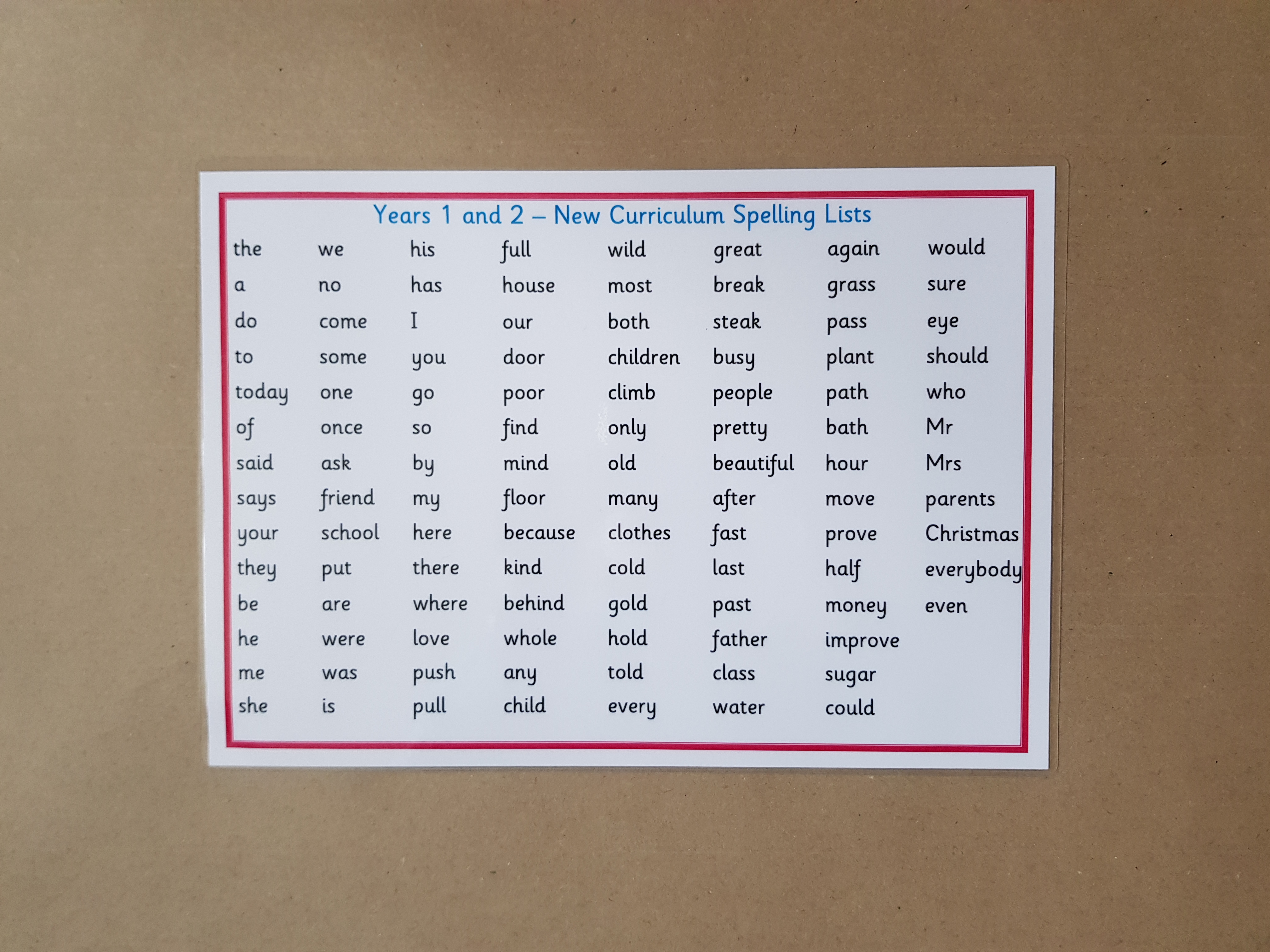 Year 1 and 2 New Curriculum Word List