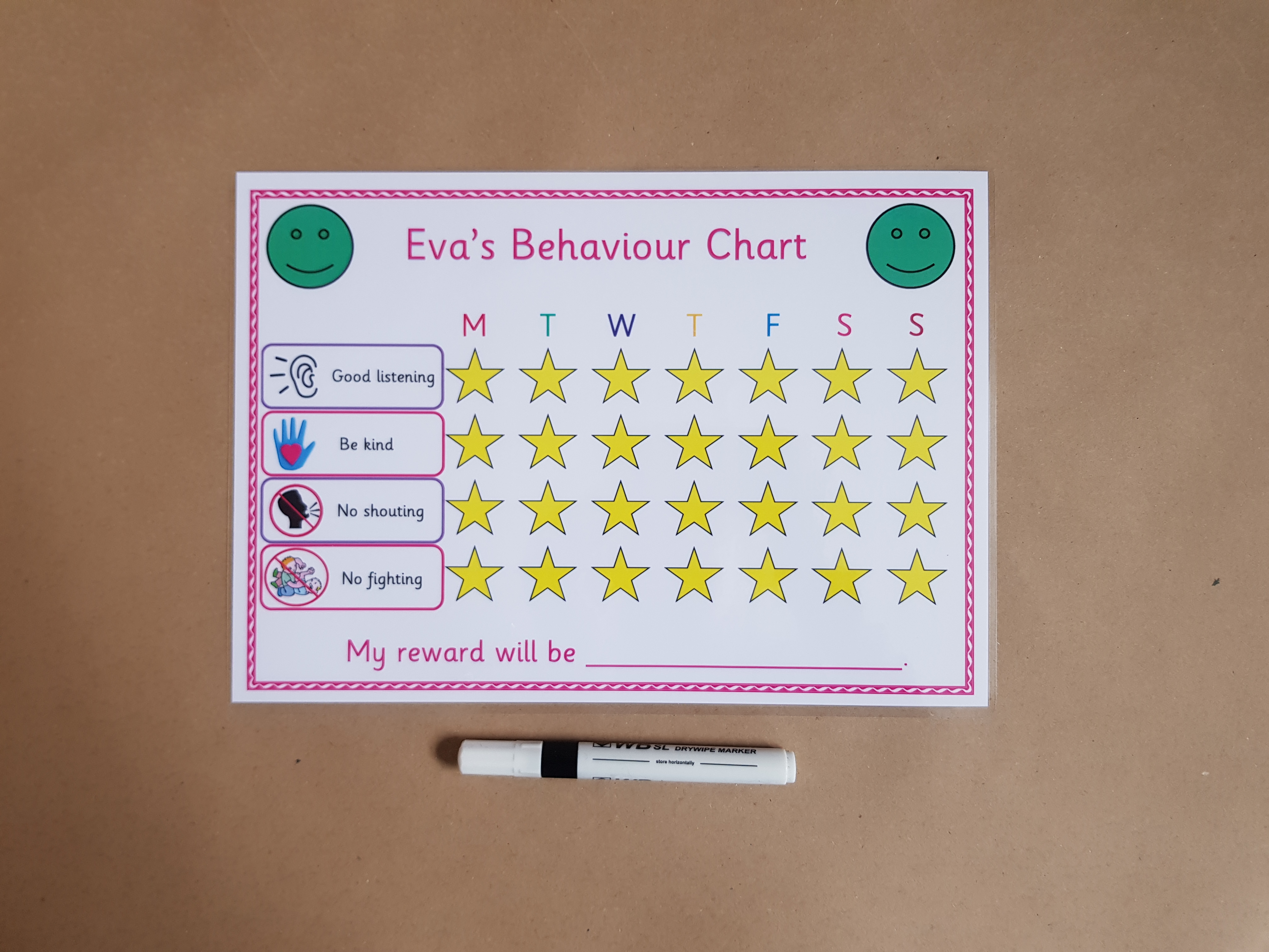  Personalised Behaviour Reward Chart and dry wipe pen 