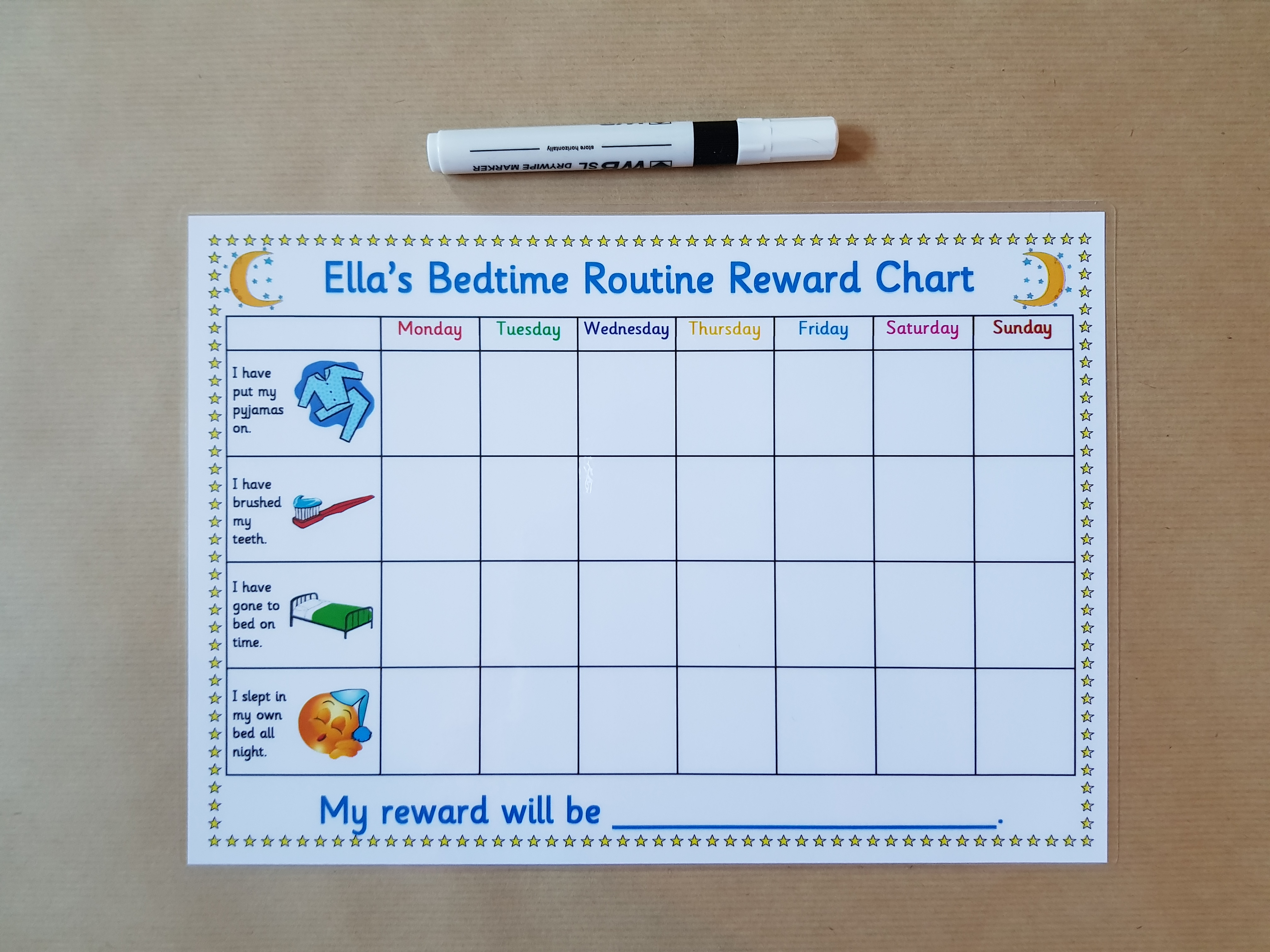 Morning and Bedtime Routine Reward Chart and dry wipe pen 