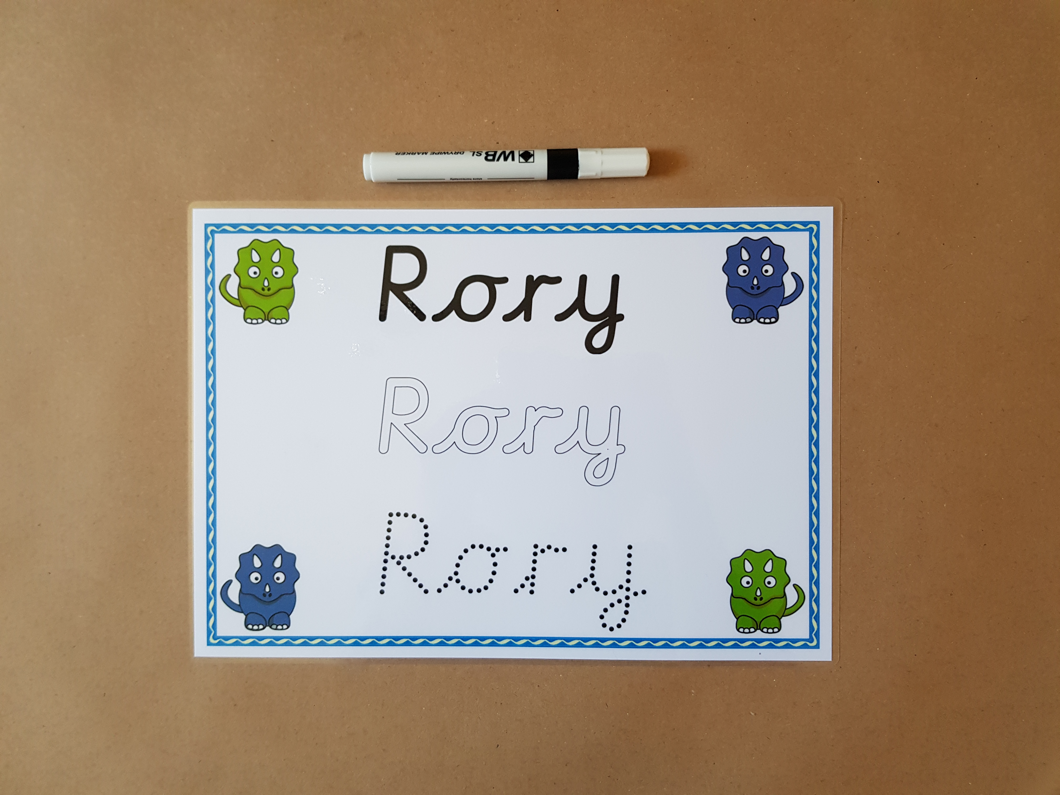 Personalised Name Card - pre cursive font - unicorn/dinosaur design