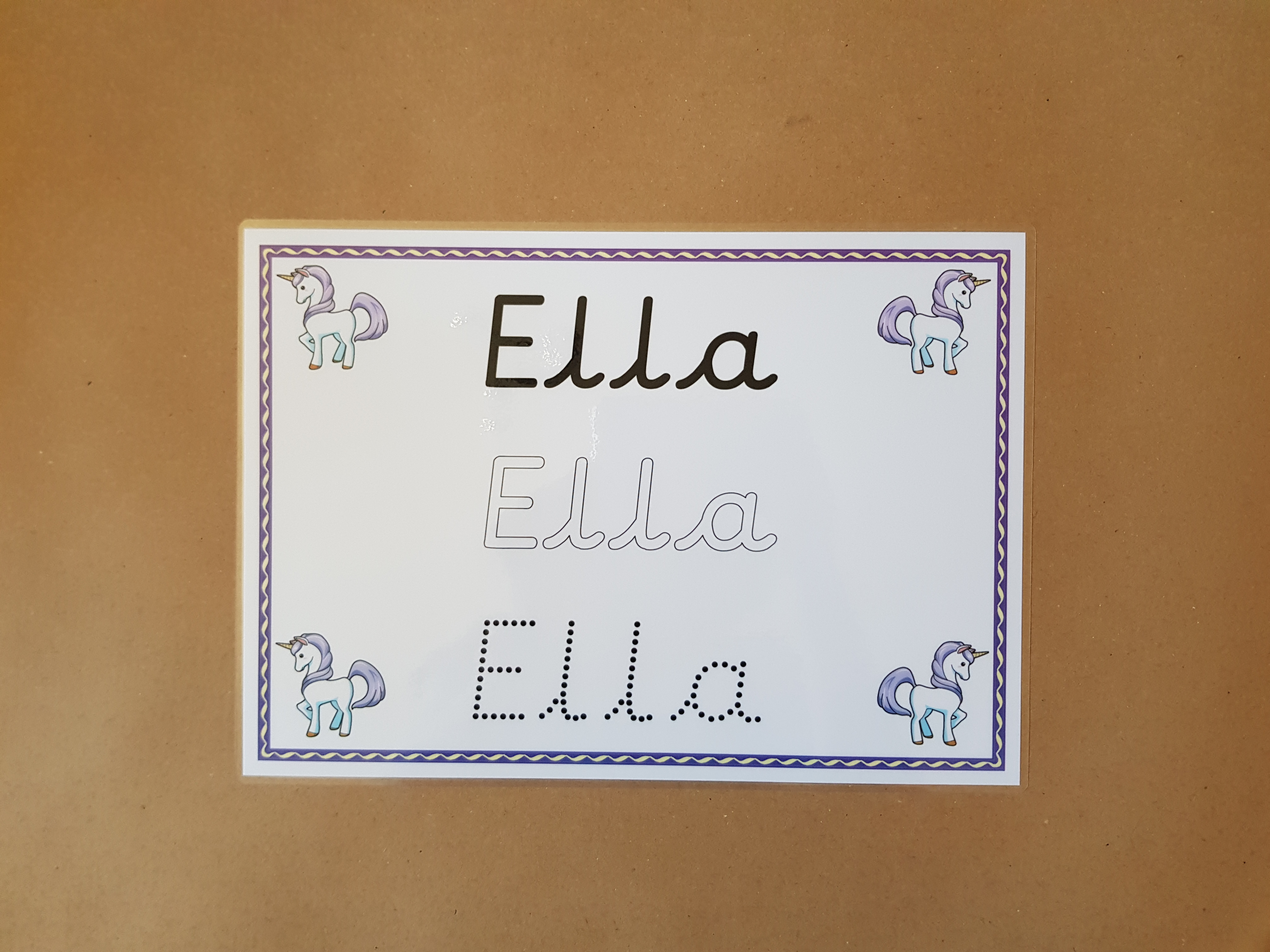 Personalised Name Card - pre cursive font - unicorn/dinosaur design
