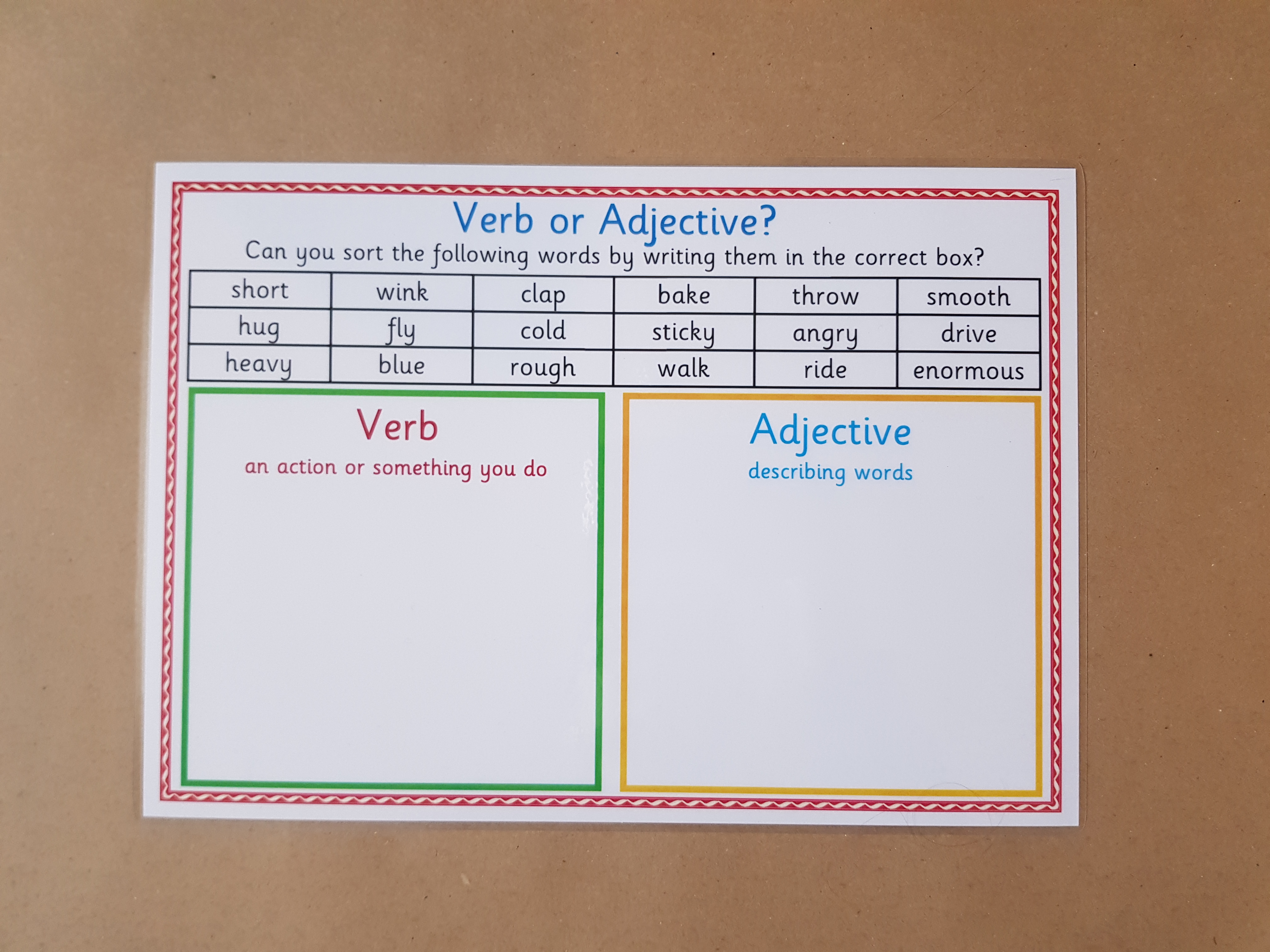 Verb or adjective? reusable worksheet,  KS1/KS2 Literacy Teaching Resource 