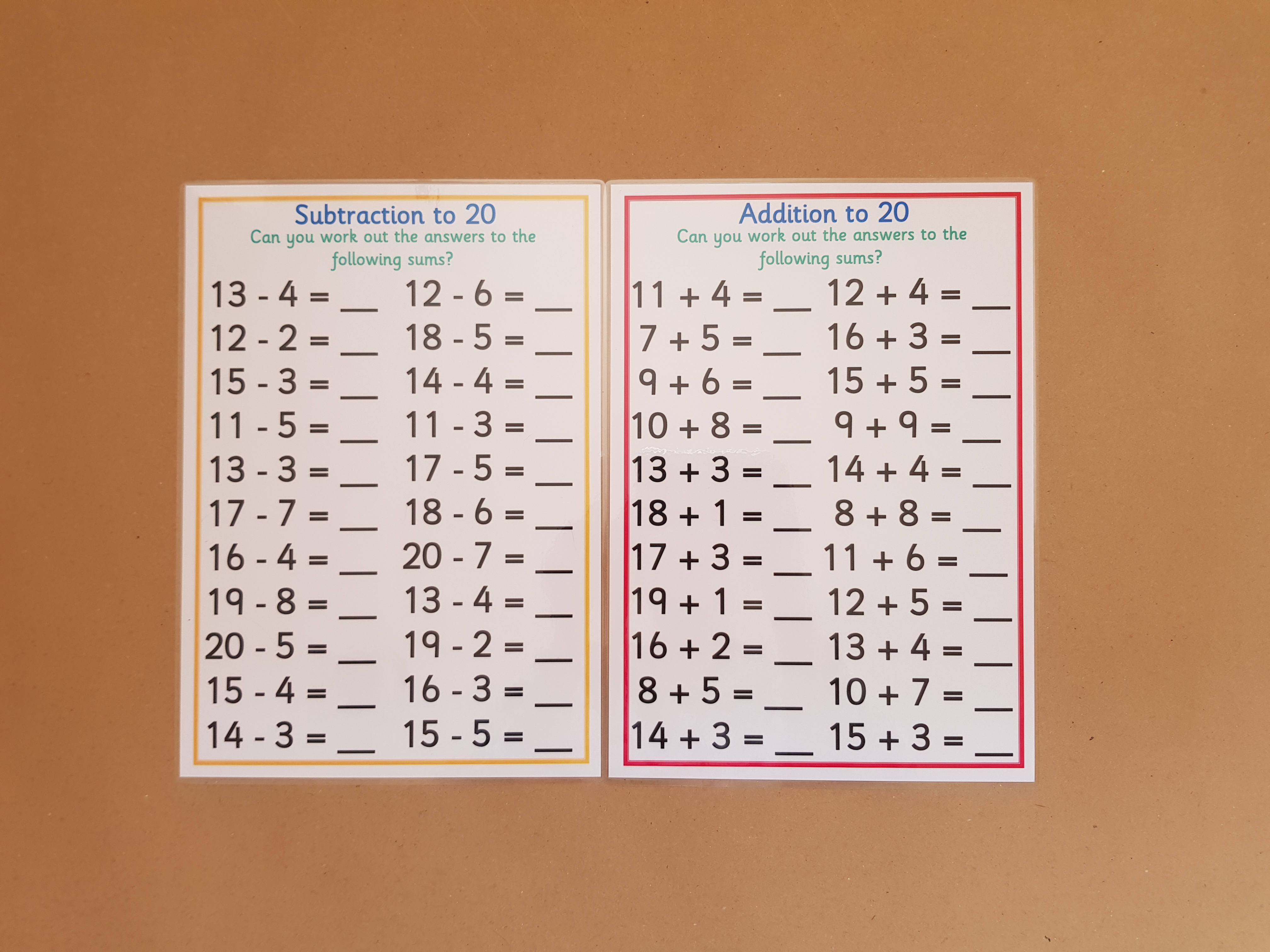 Addition and subtraction to worksheets to 20