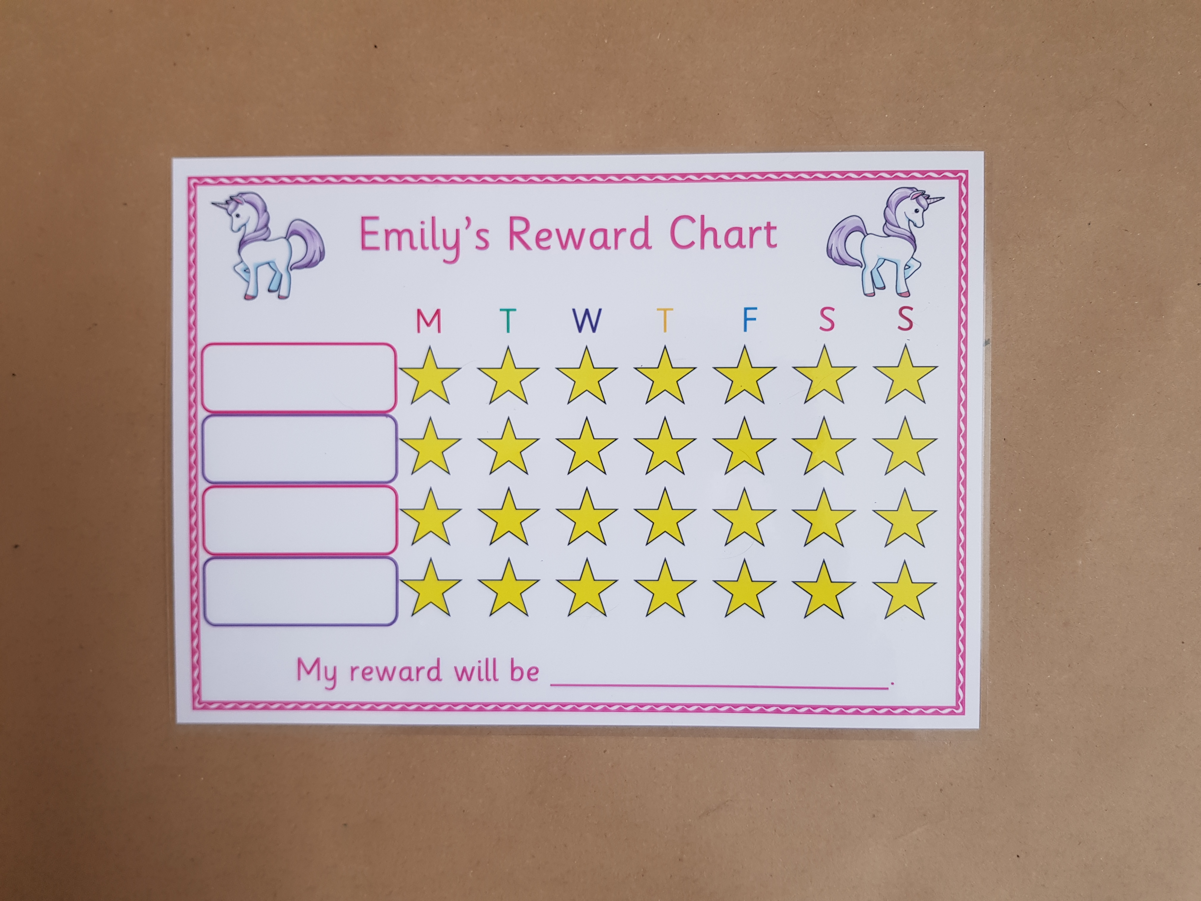  Personalised Unicorn Reward Chart and dry wipe pen 