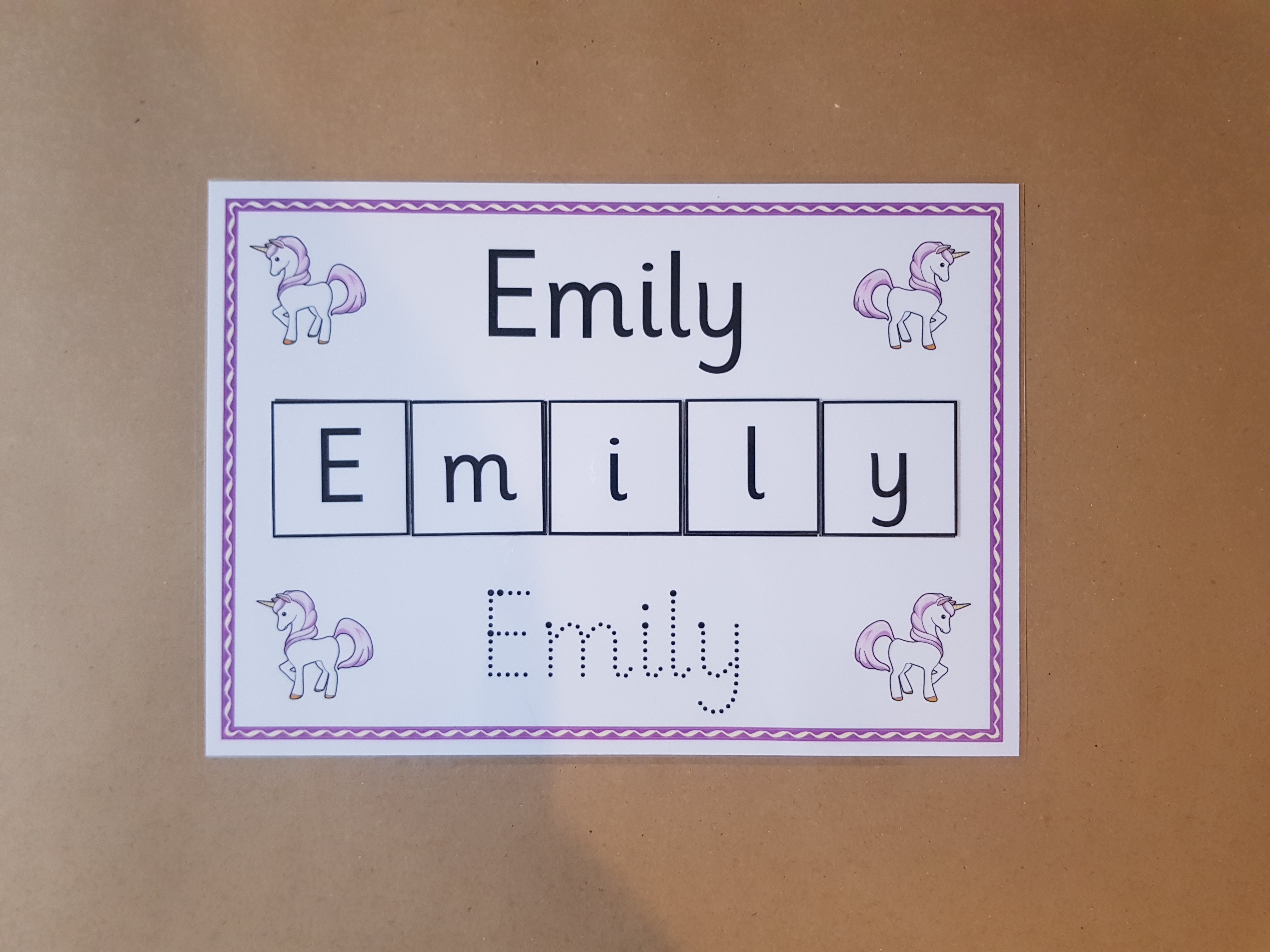Write and Spell Name card - unicorn design 