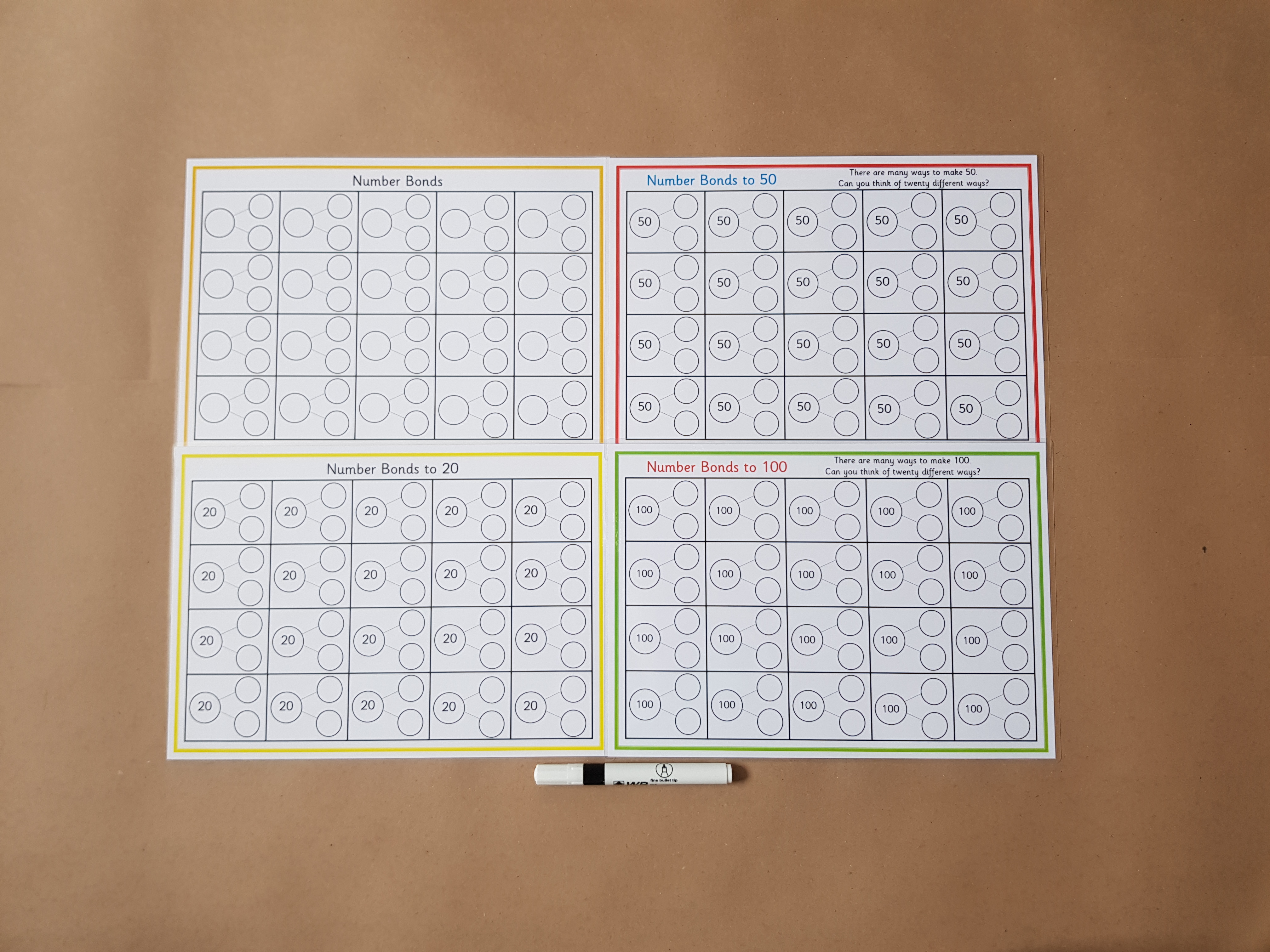 Numbers bonds worksheet bundle - bonds to 20,50,100