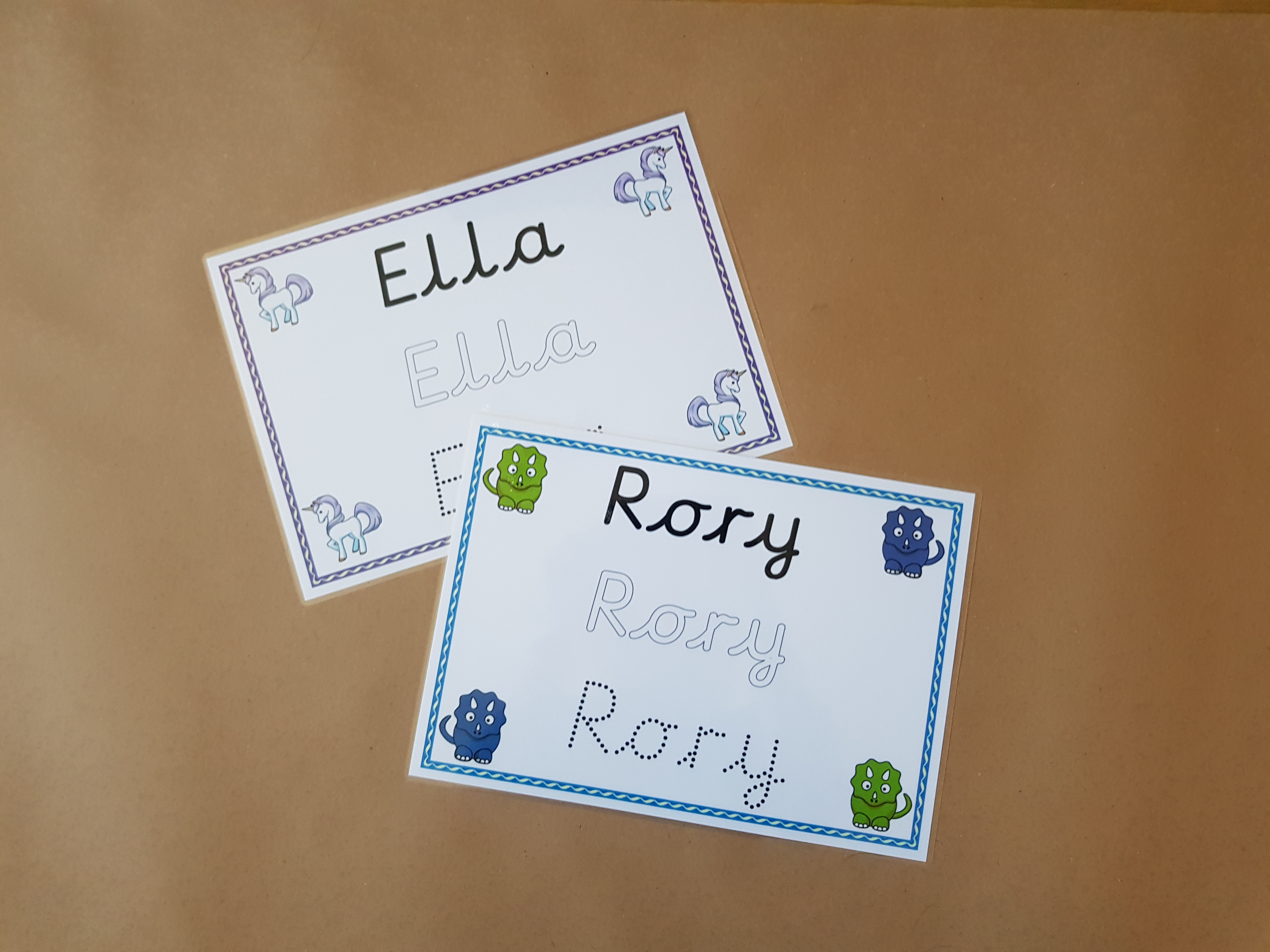 Personalised Name Card - pre cursive font - unicorn/dinosaur design