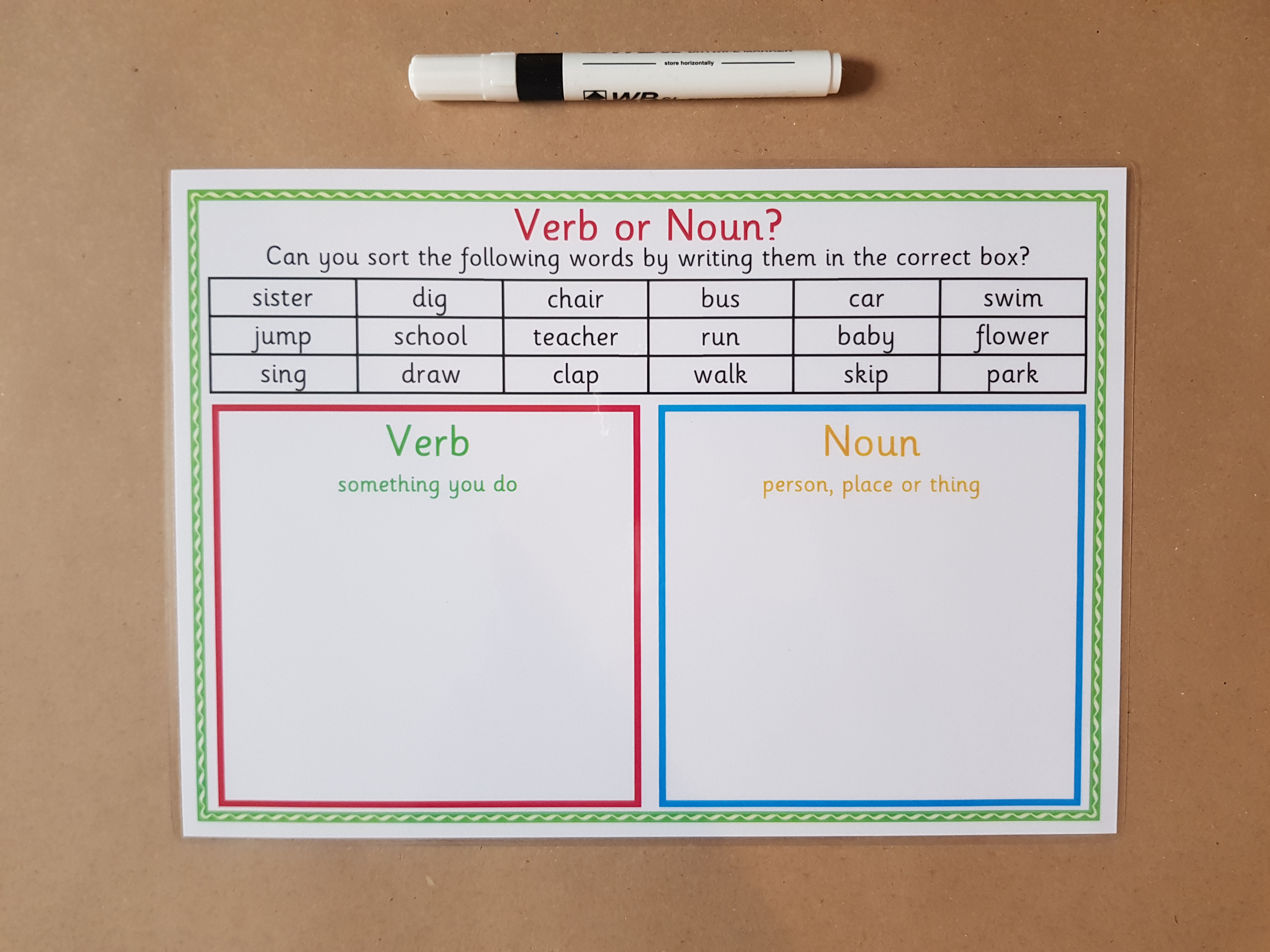 Verb or noun? reusable worksheet,  KS1/KS2 Literacy Teaching Resource 