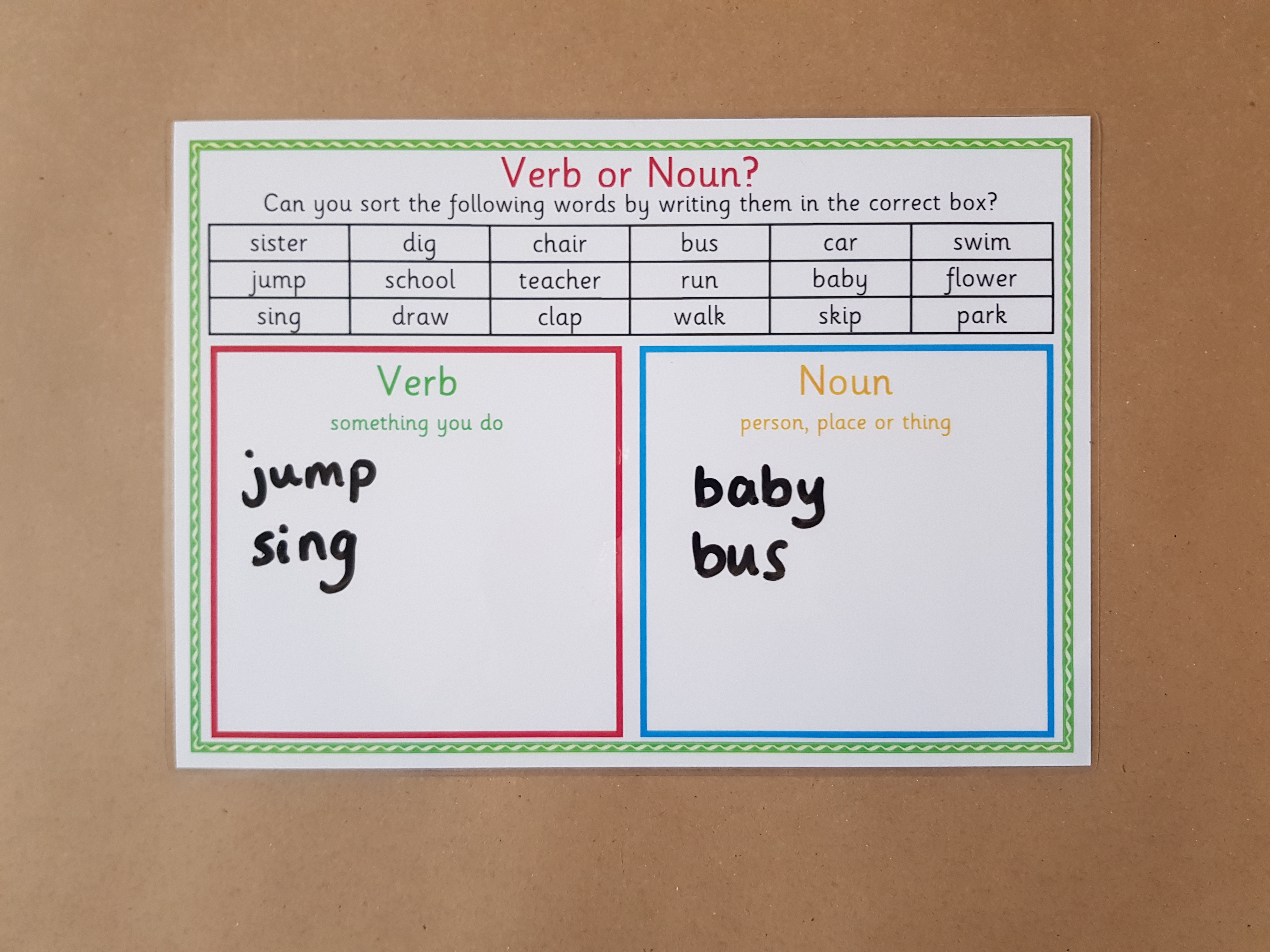 Verb or noun? reusable worksheet,  KS1/KS2 Literacy Teaching Resource 