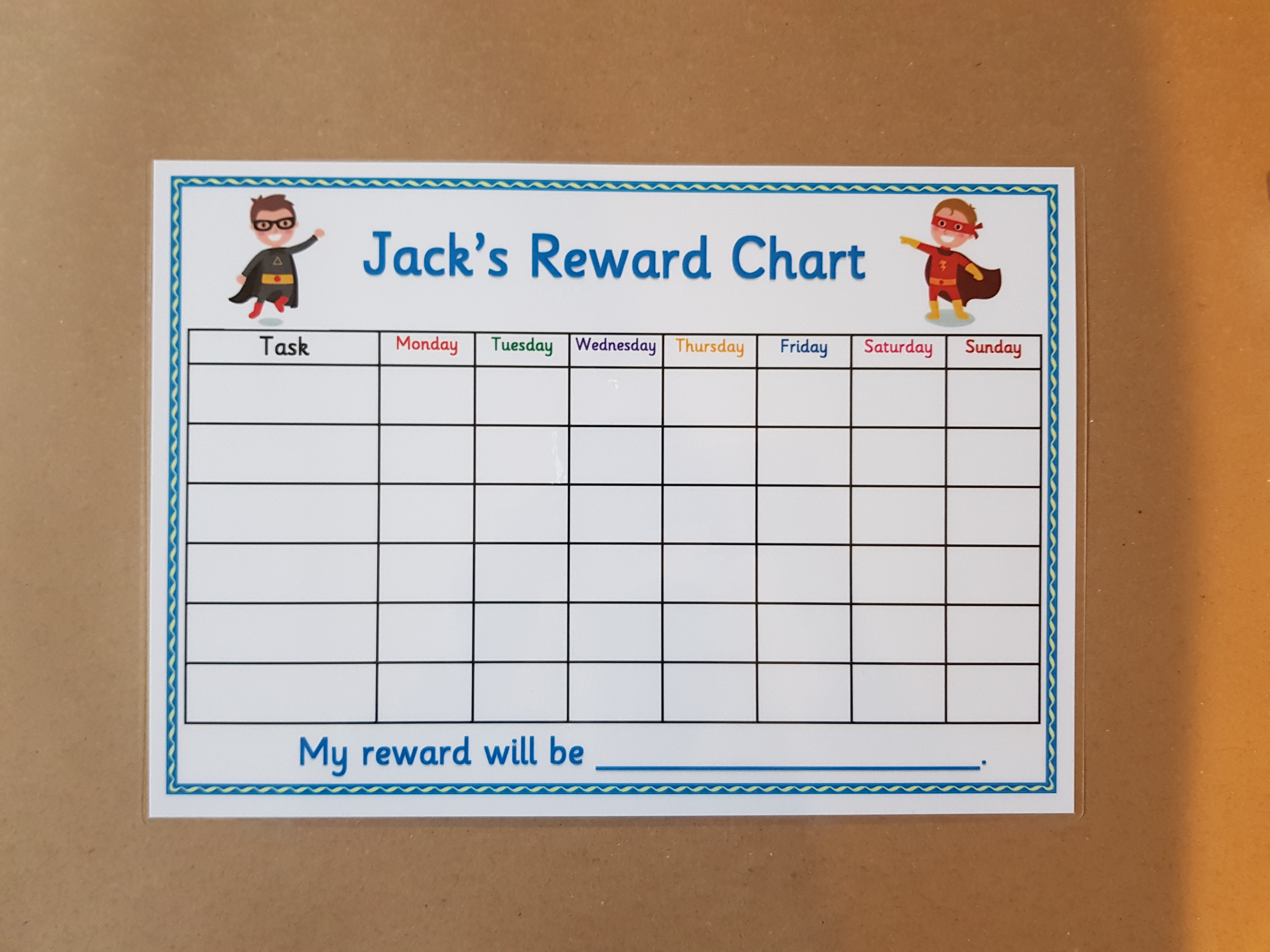  Personalised Reward Charts and dry wipe pen - superhero design