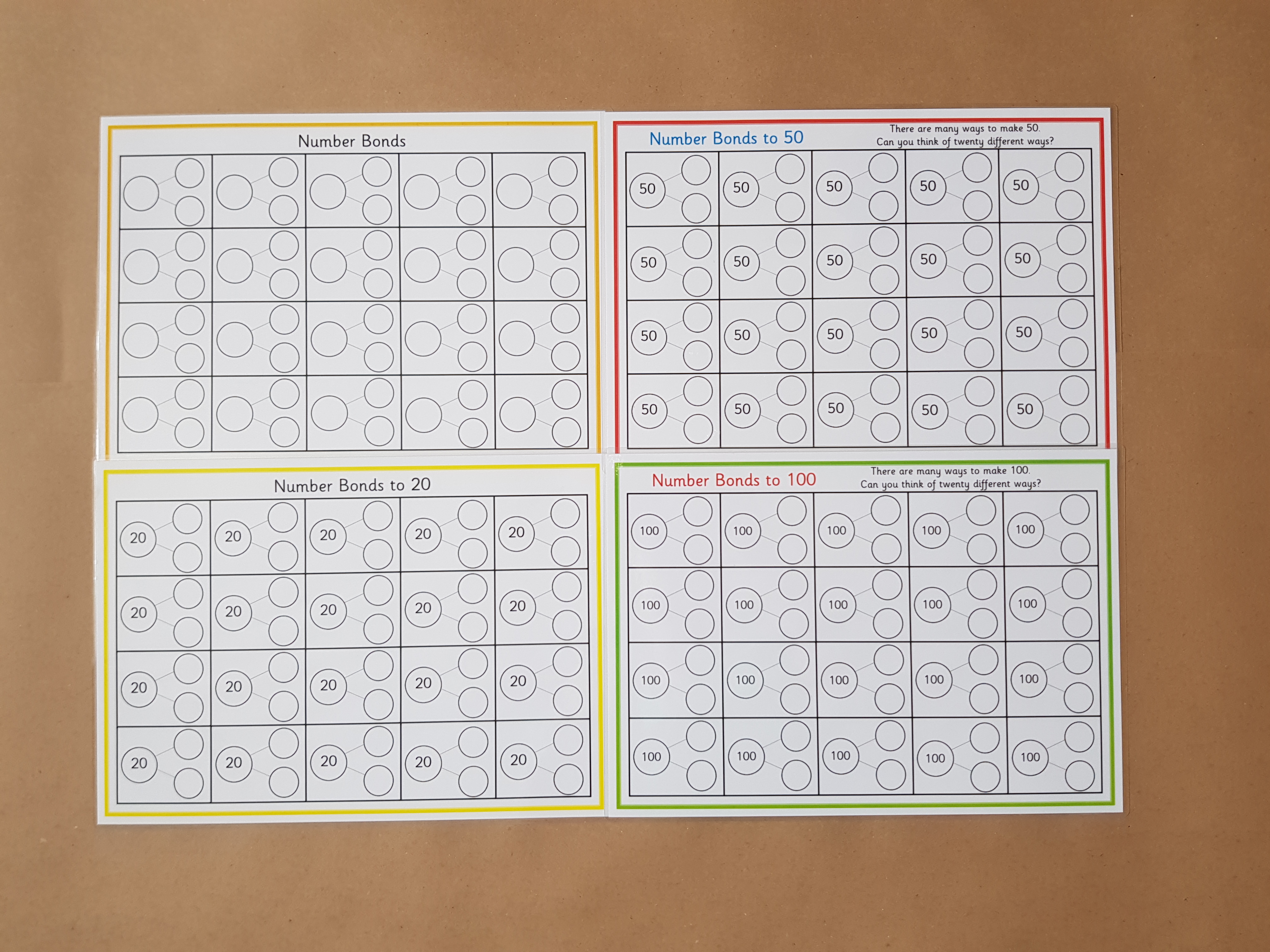 Numbers bonds  worksheet bundle - bonds to 20,50,100