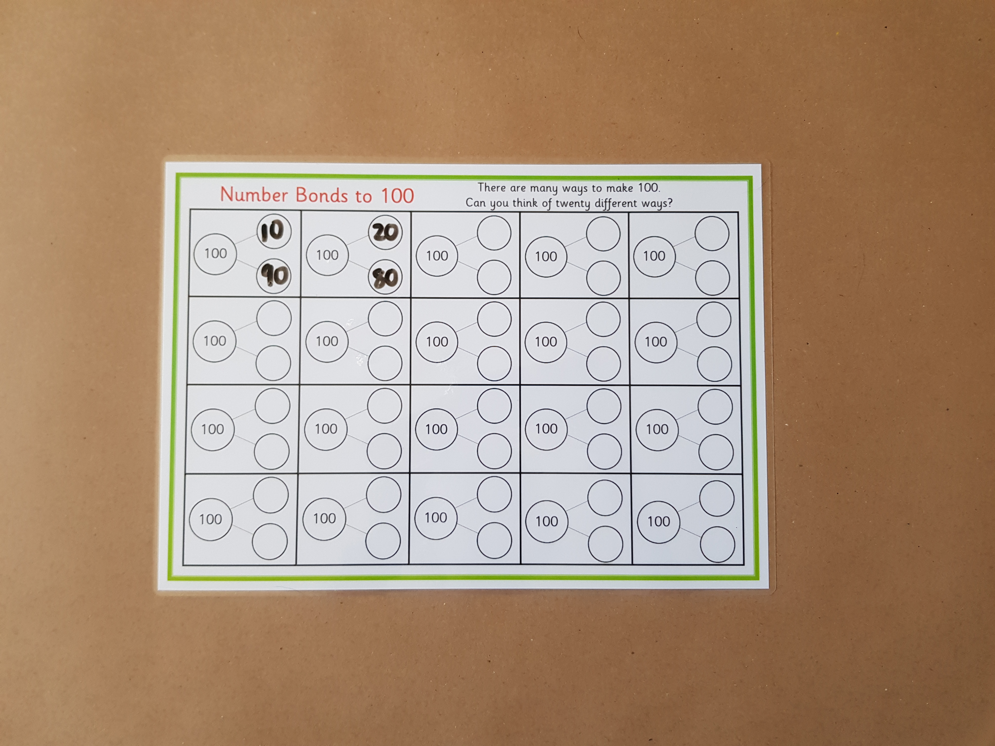 Numbers bonds to 100 worksheet
