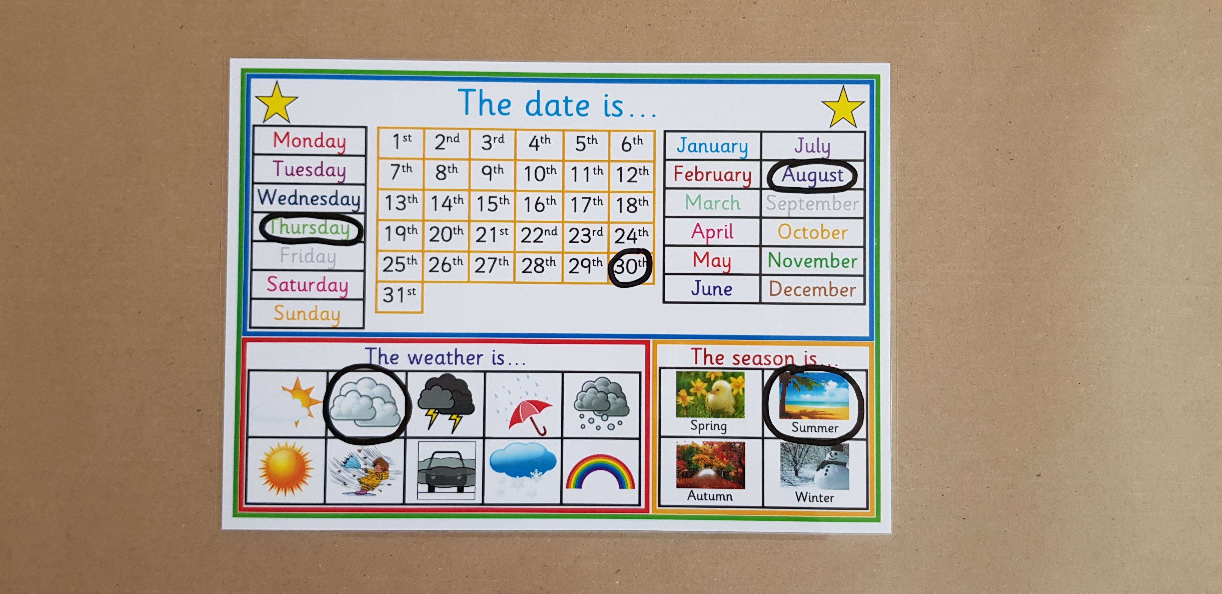 Calender and dry wipe pen, days, Months, weather 