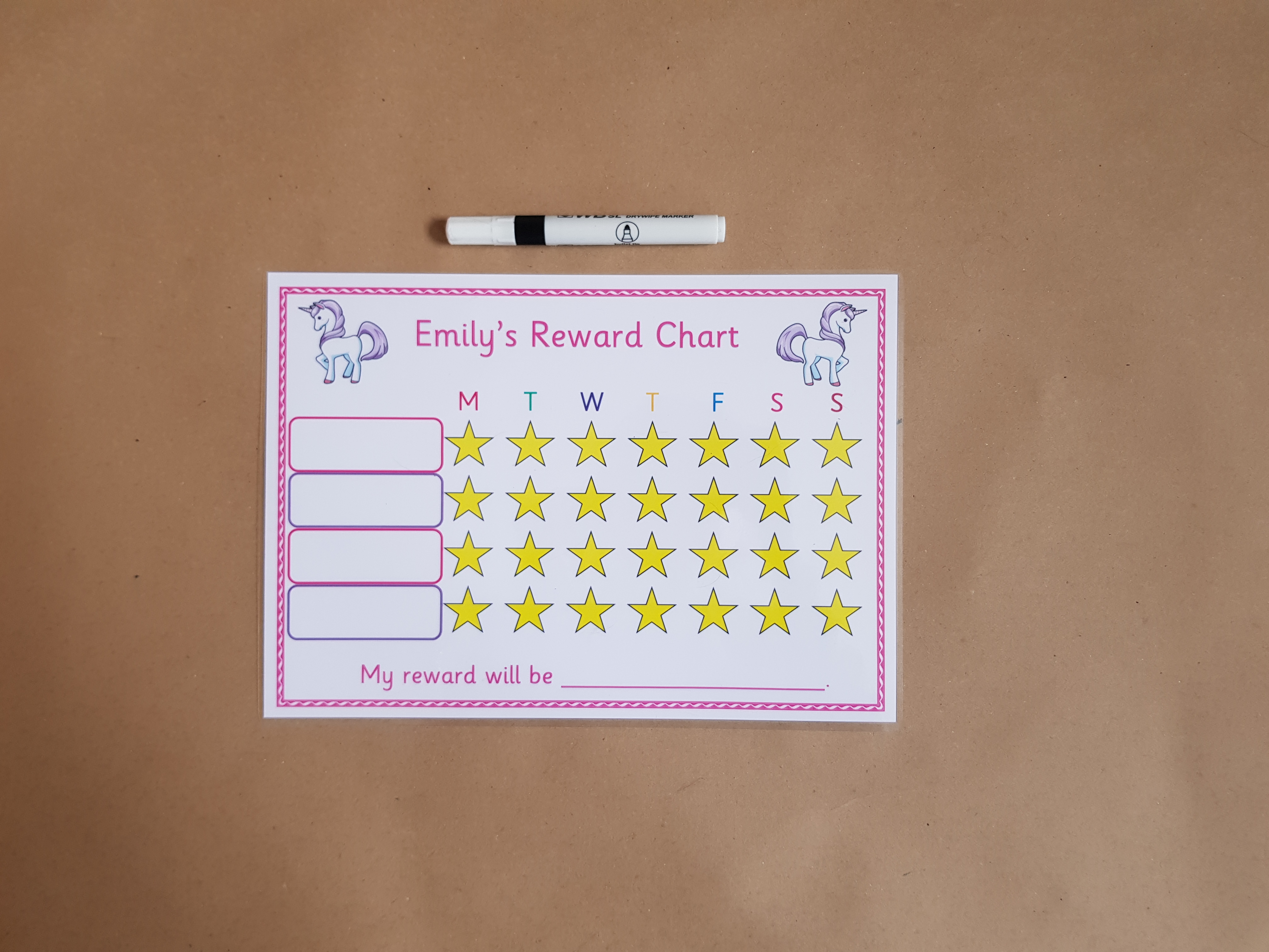Personalised Unicorn Reward Chart and dry wipe pen