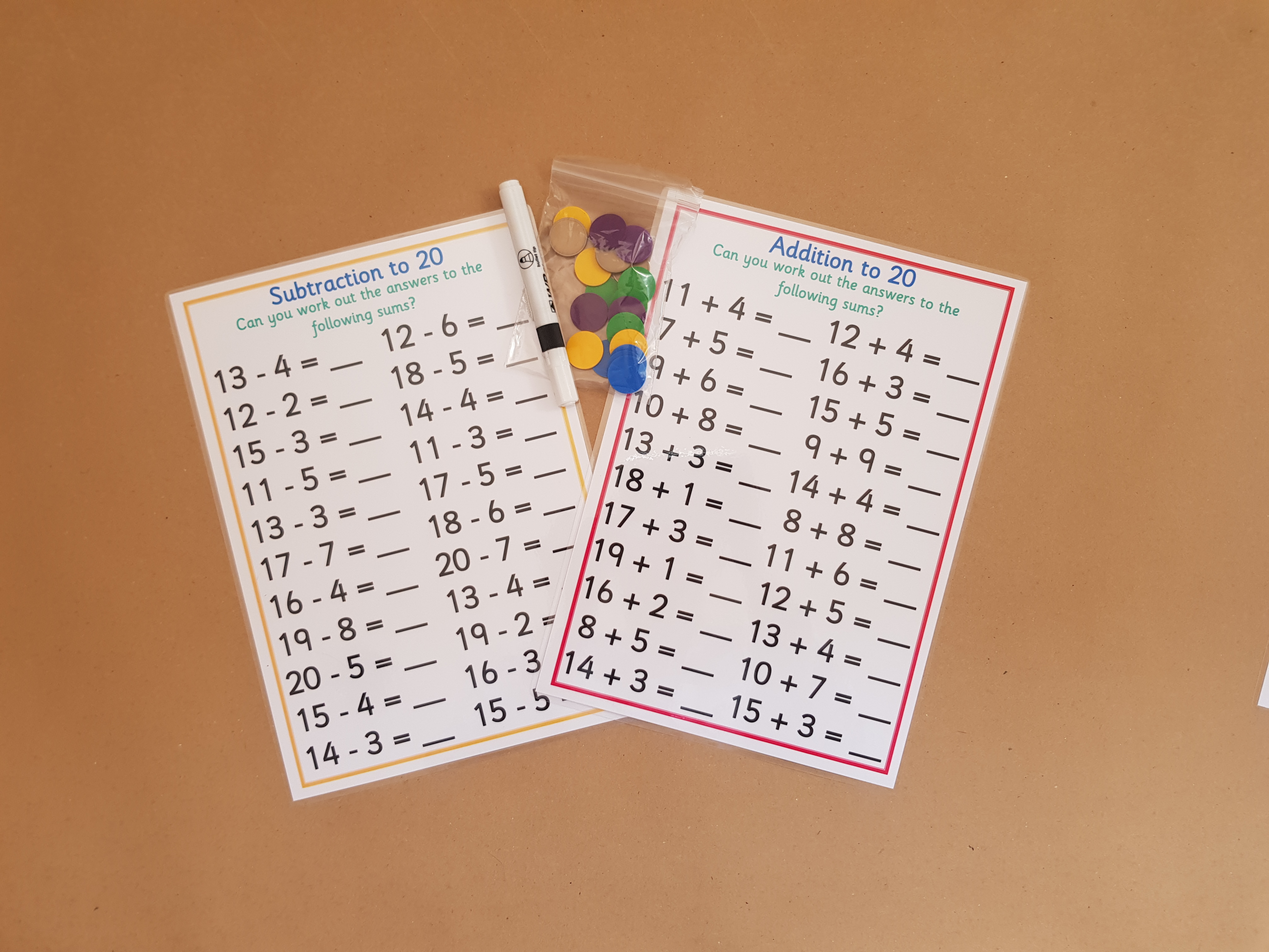 Addition and subtraction to worksheets to 20