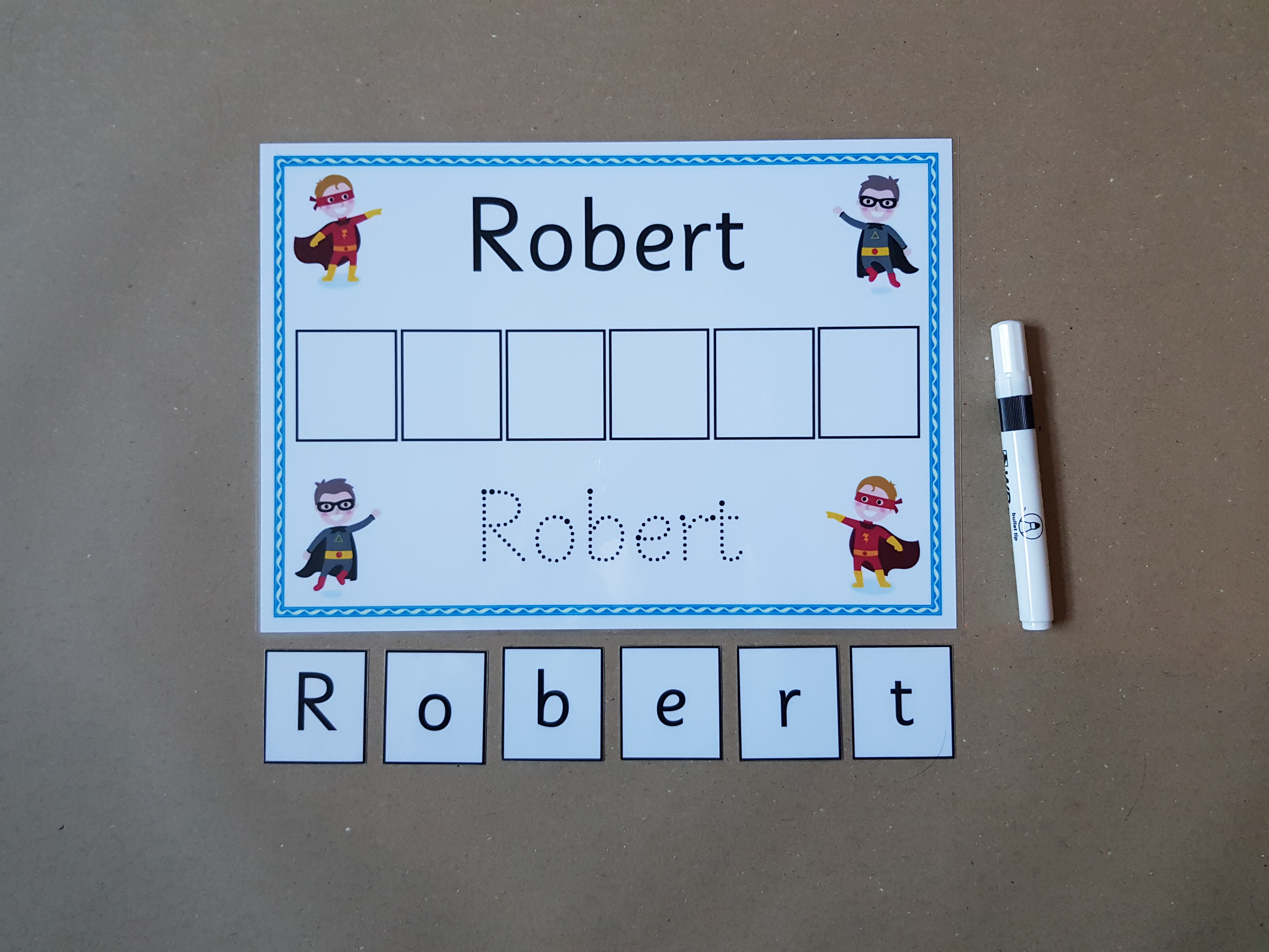 Write and Spell Name card - superhero design 