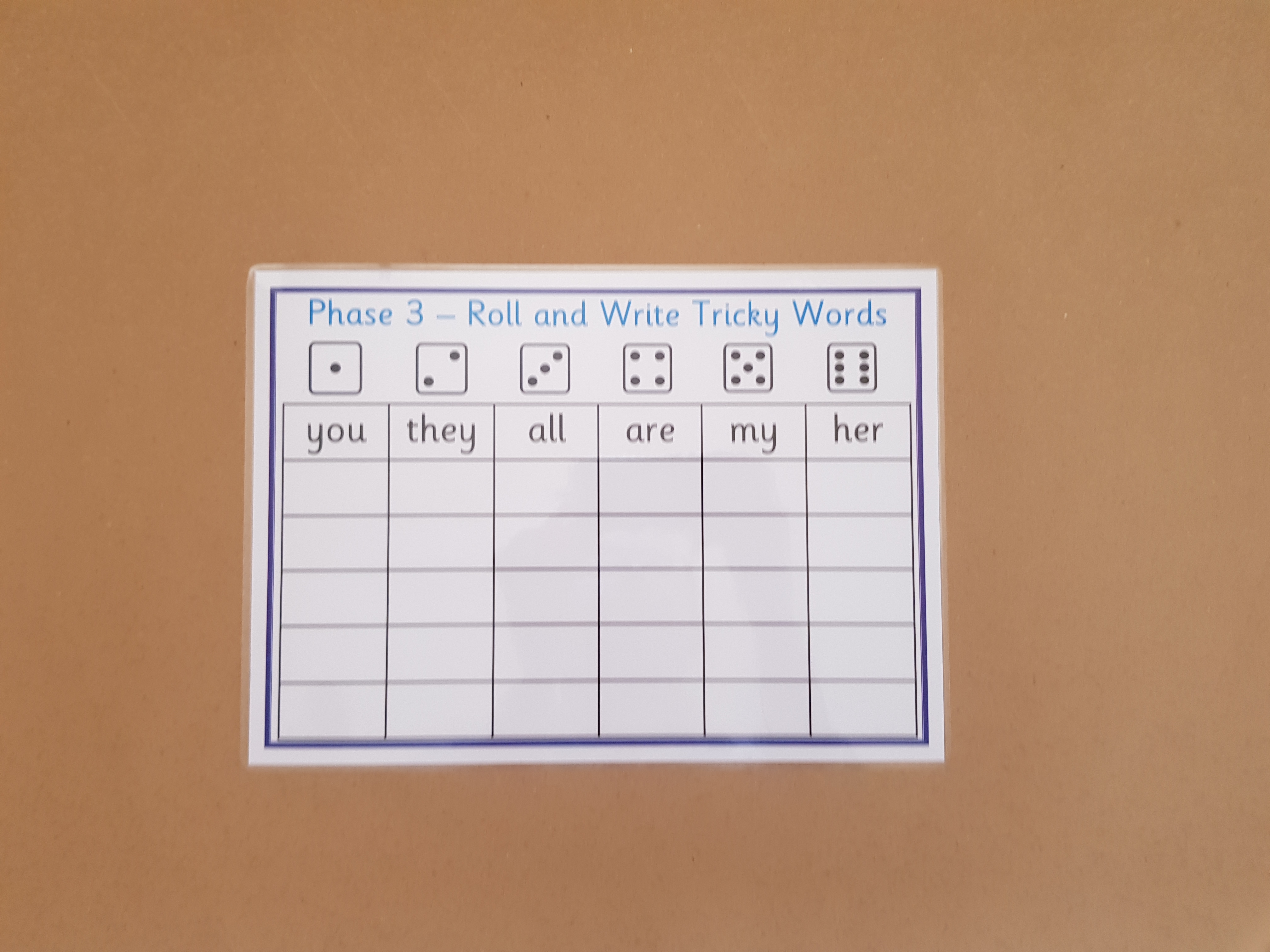 Phase 3 Roll and write tricky words game 