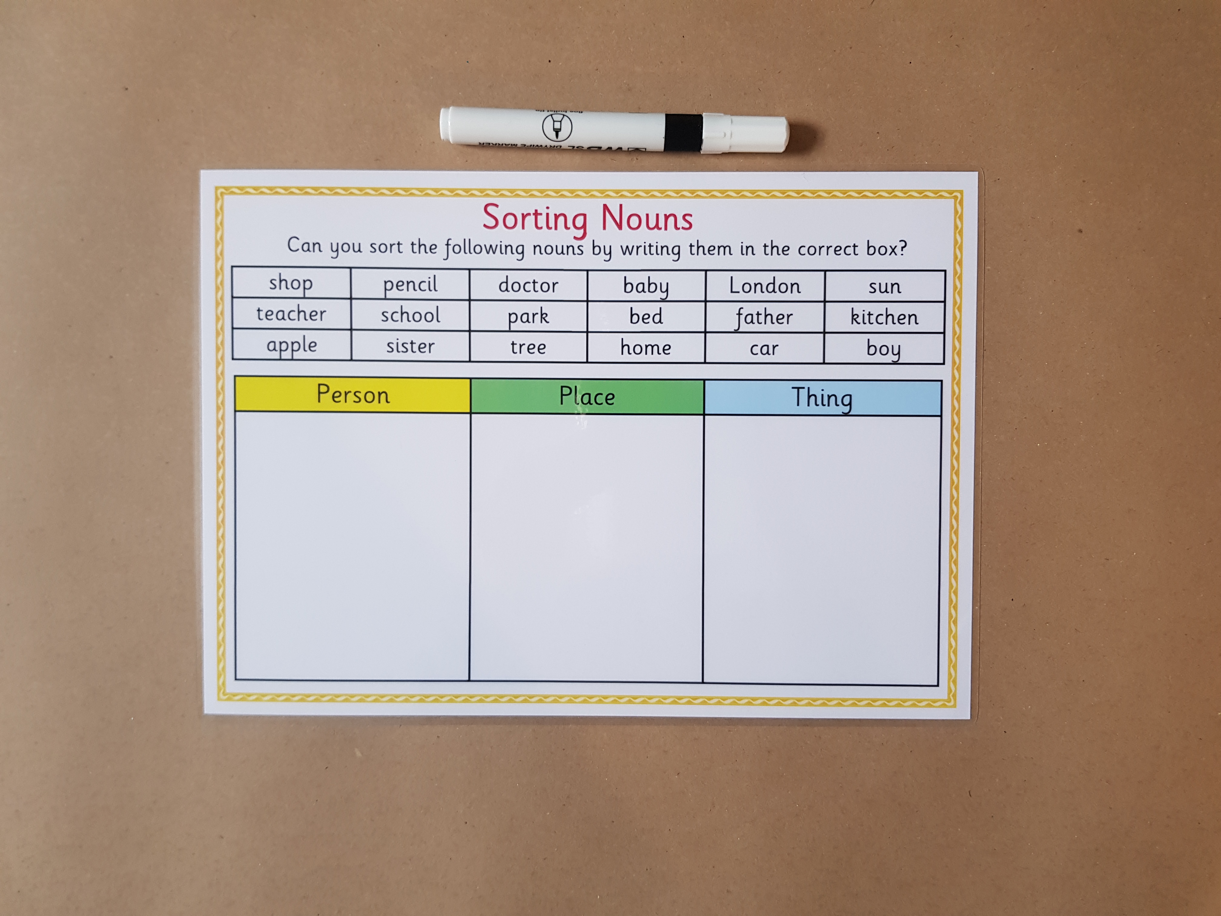 Sorting Nouns, reusable worksheet,  KS1/KS2 Literacy Teaching Resource 
