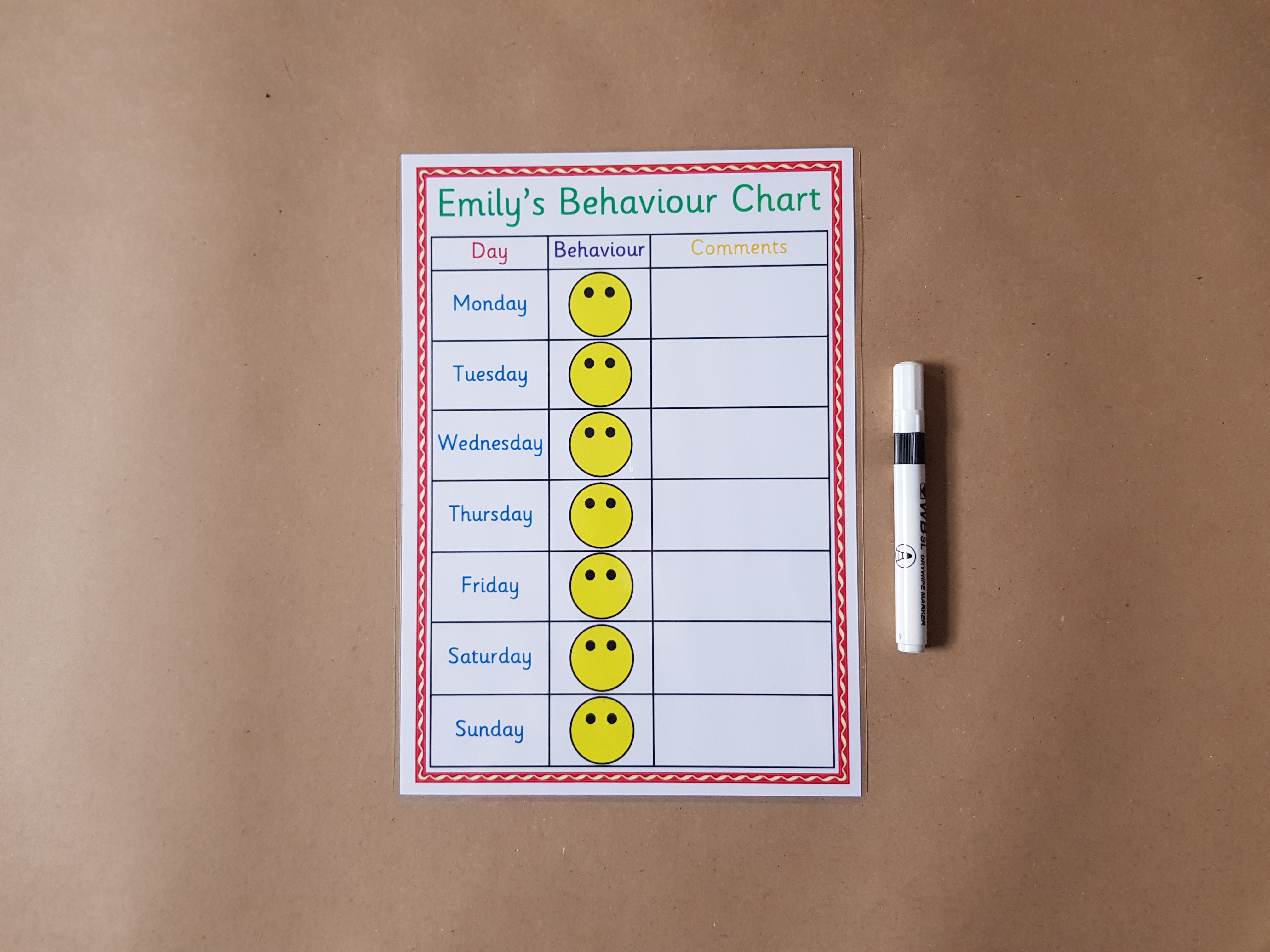 Personalised Weekly Behaviour Chart