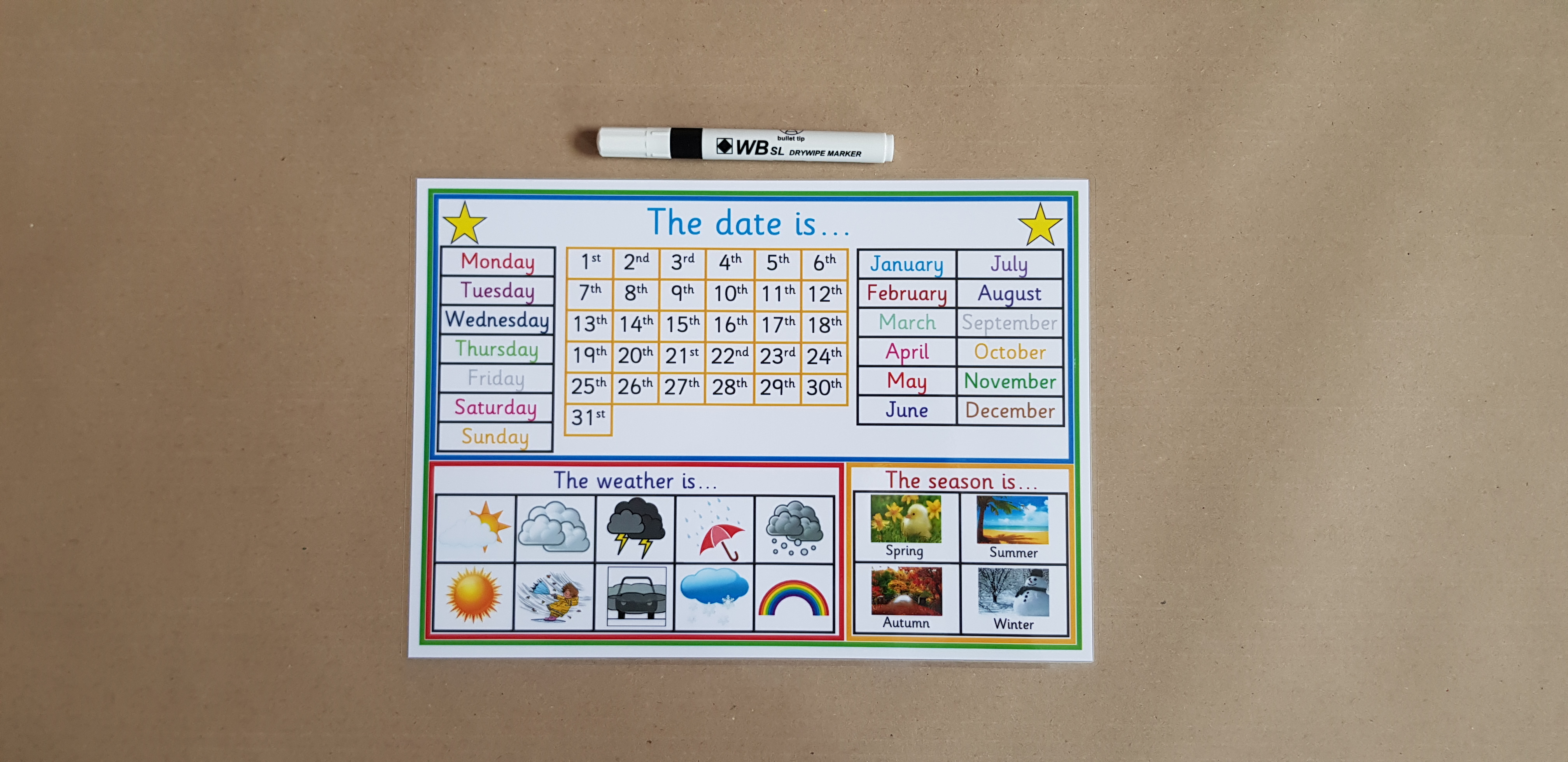 Calender and dry wipe pen, days, Months, weather