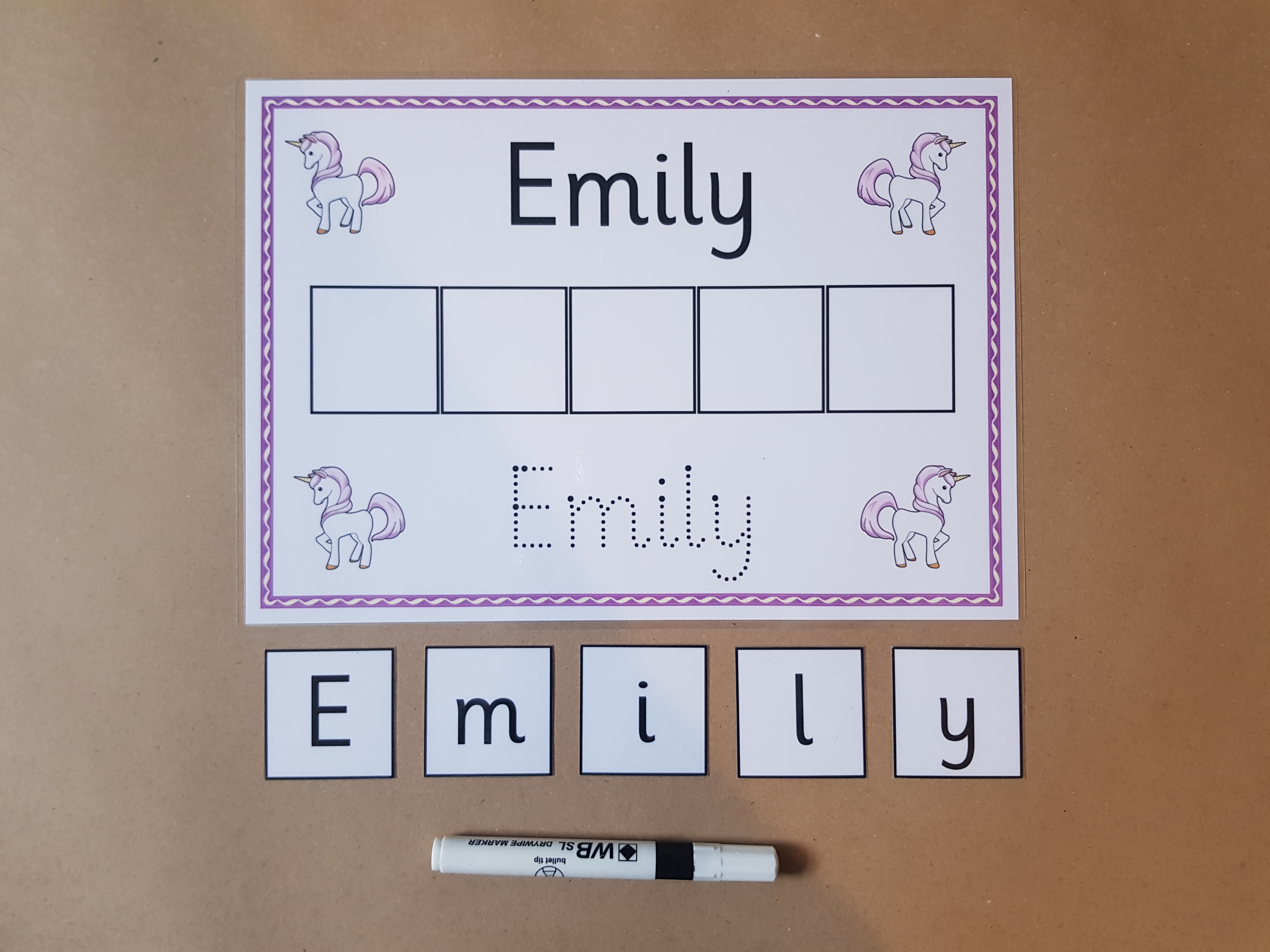 Write and Spell Name card - unicorn design 