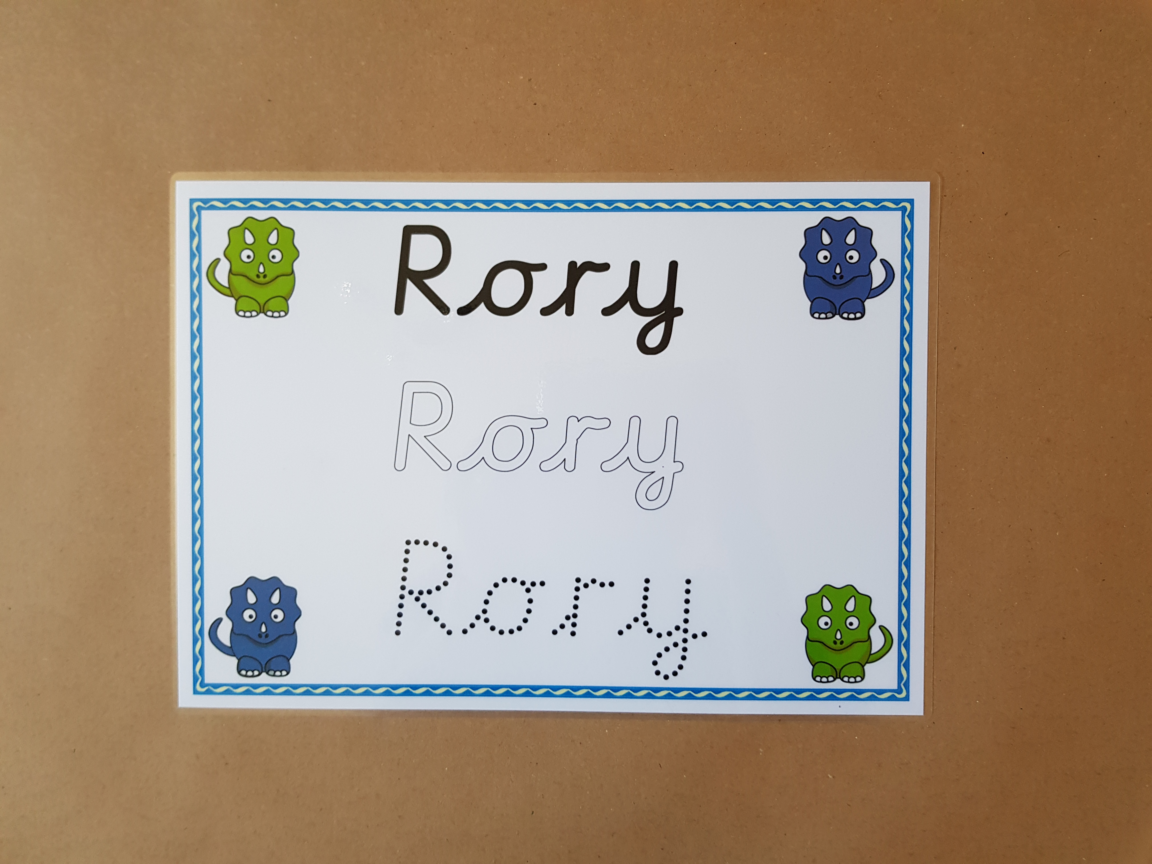Personalised Name Card - pre cursive font - unicorn/dinosaur design