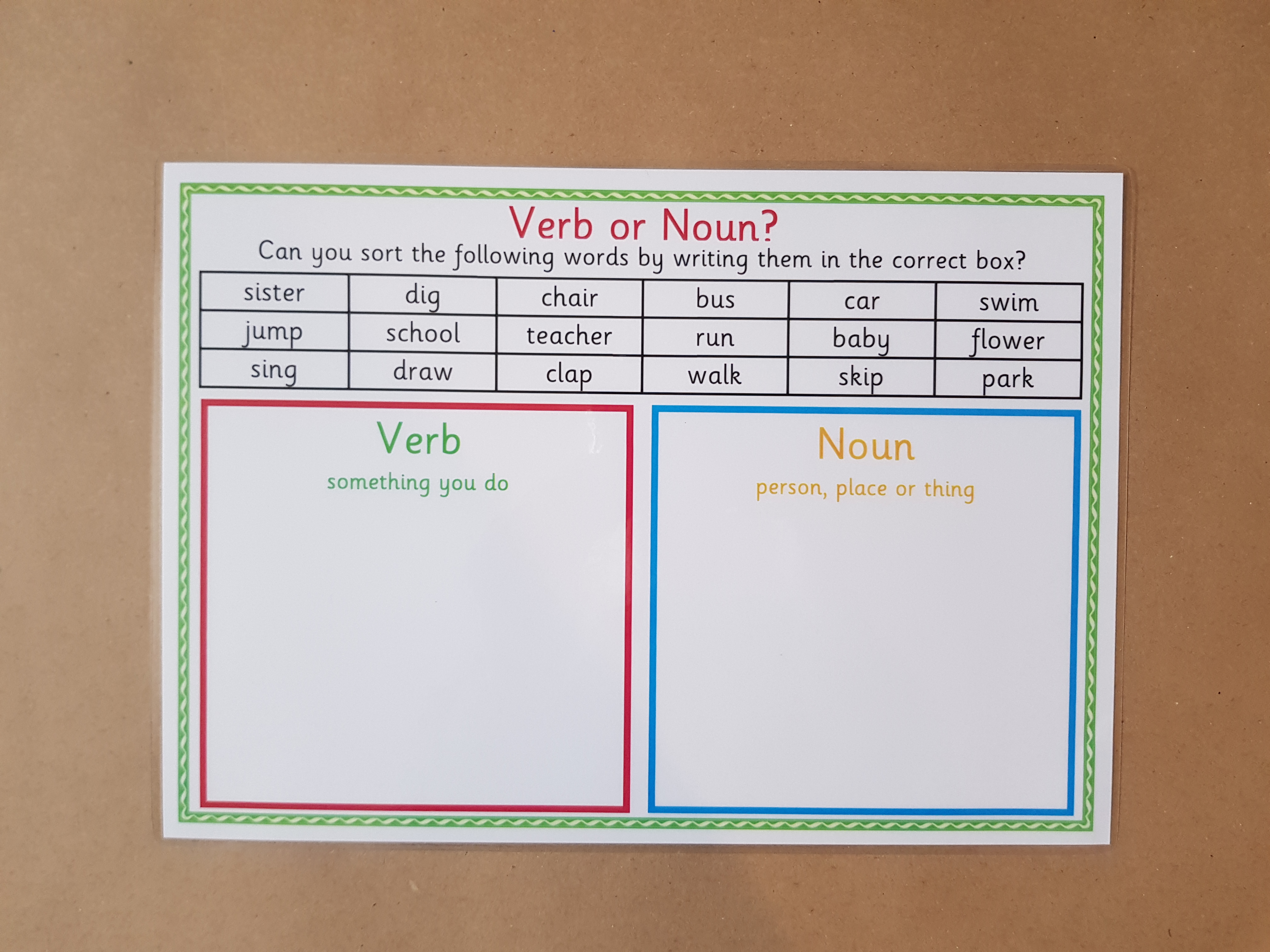 Verb or noun? reusable worksheet,  KS1/KS2 Literacy Teaching Resource 