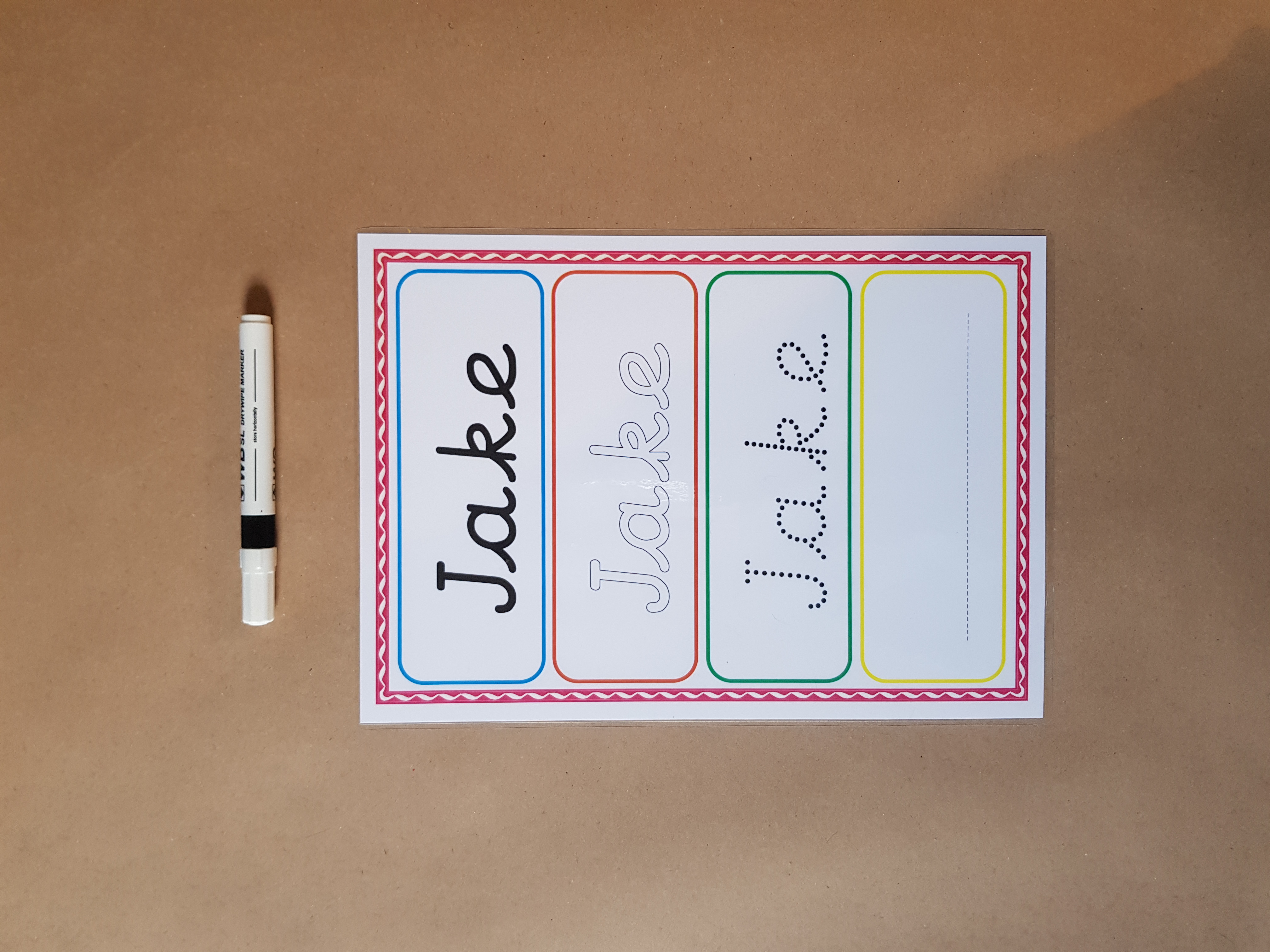 Personalised Name Card - name tracing card and dry wipe pen - pre cursive font