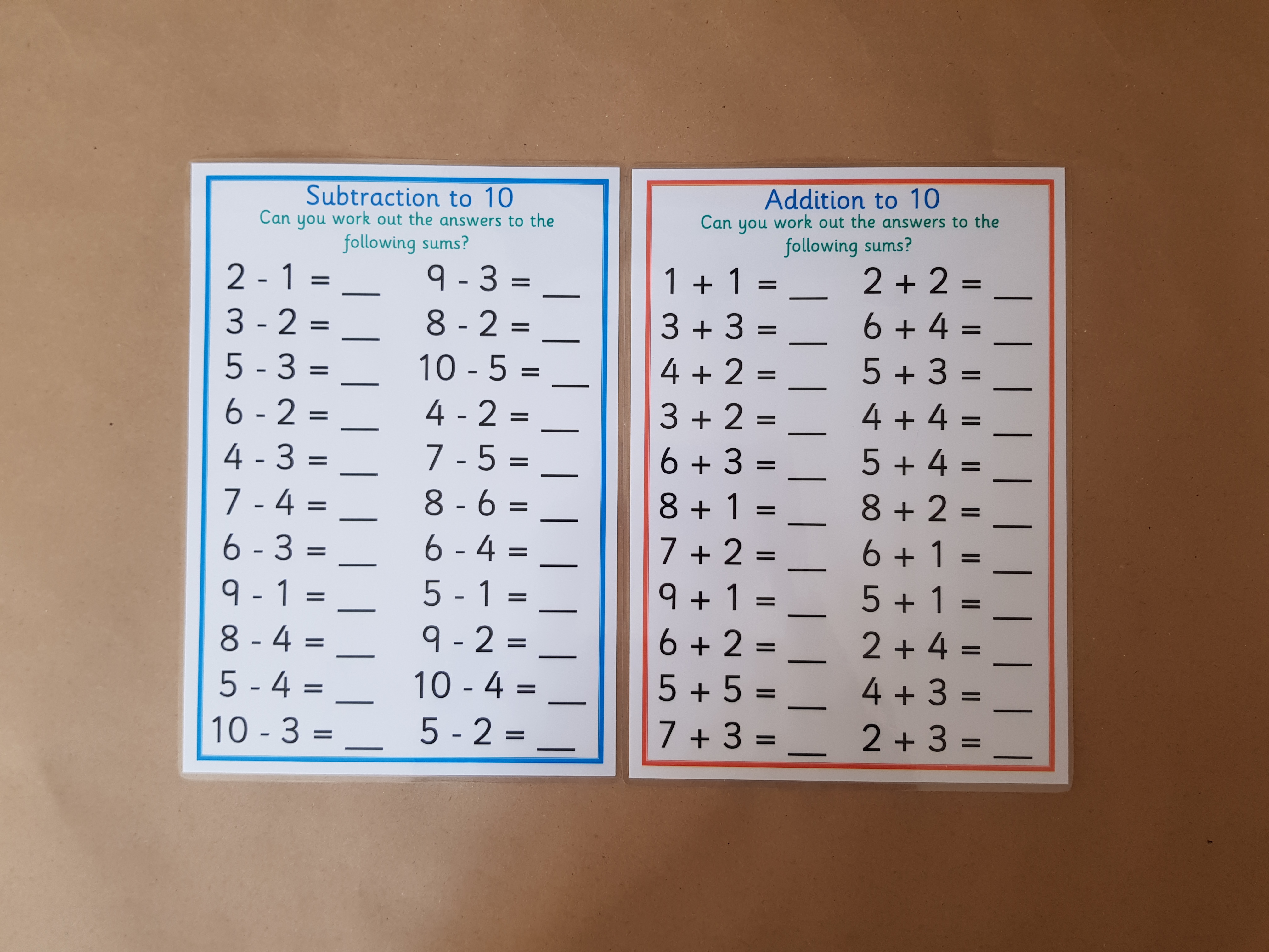 Addition and subtraction to worksheets to 10