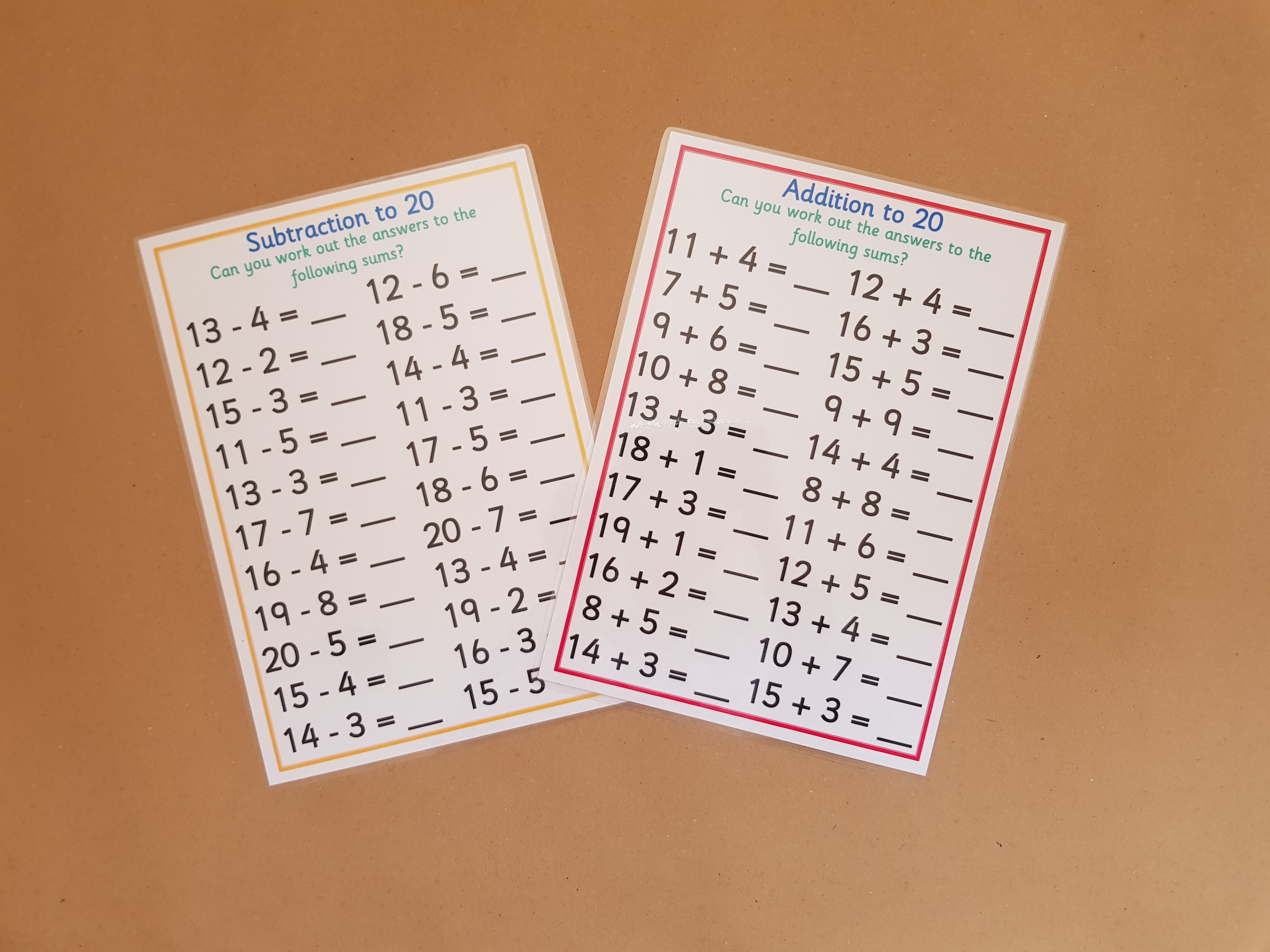 Addition and subtraction to worksheets to 20