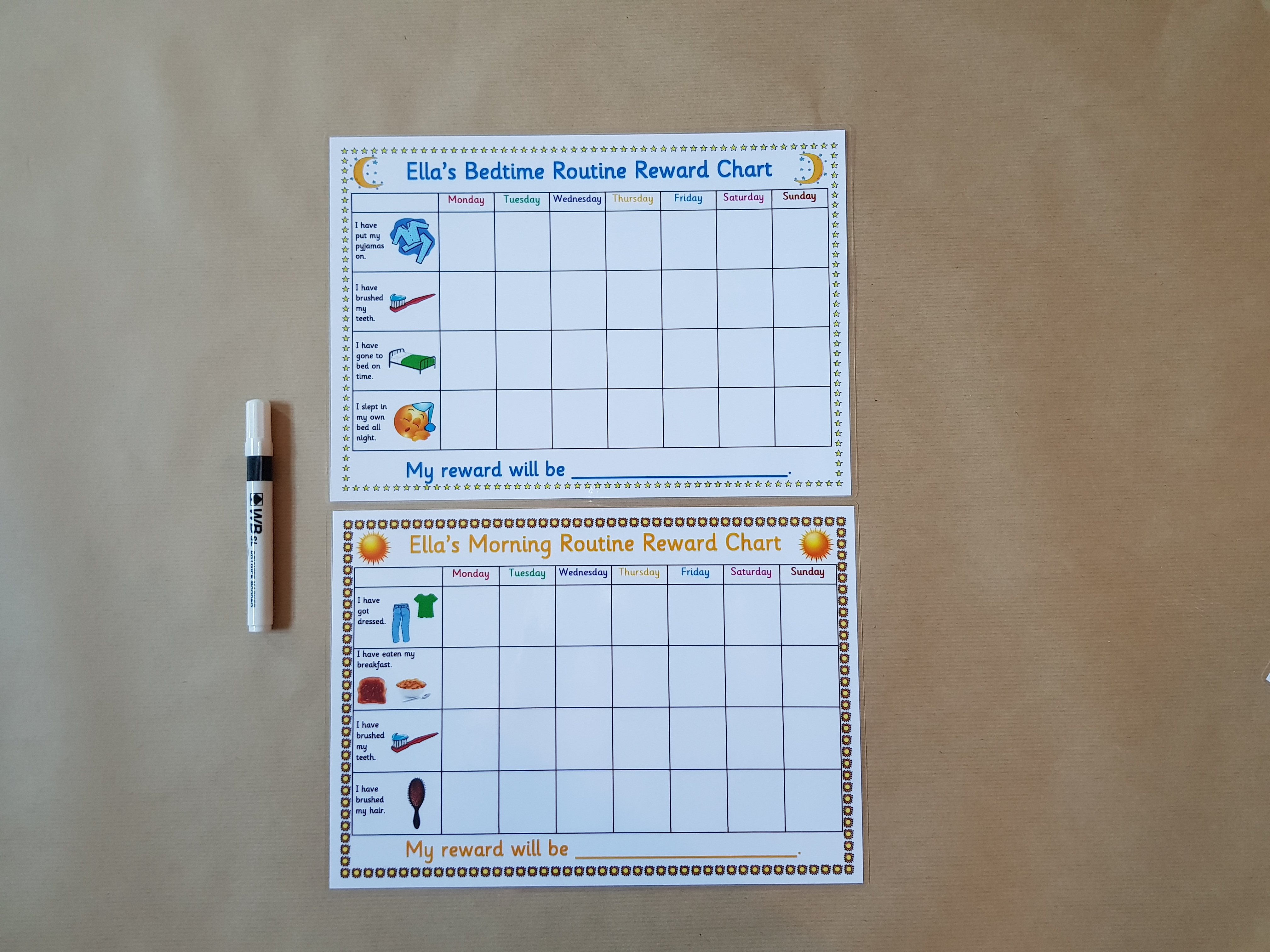 Morning and Bedtime Routine Reward Chart and dry wipe pen