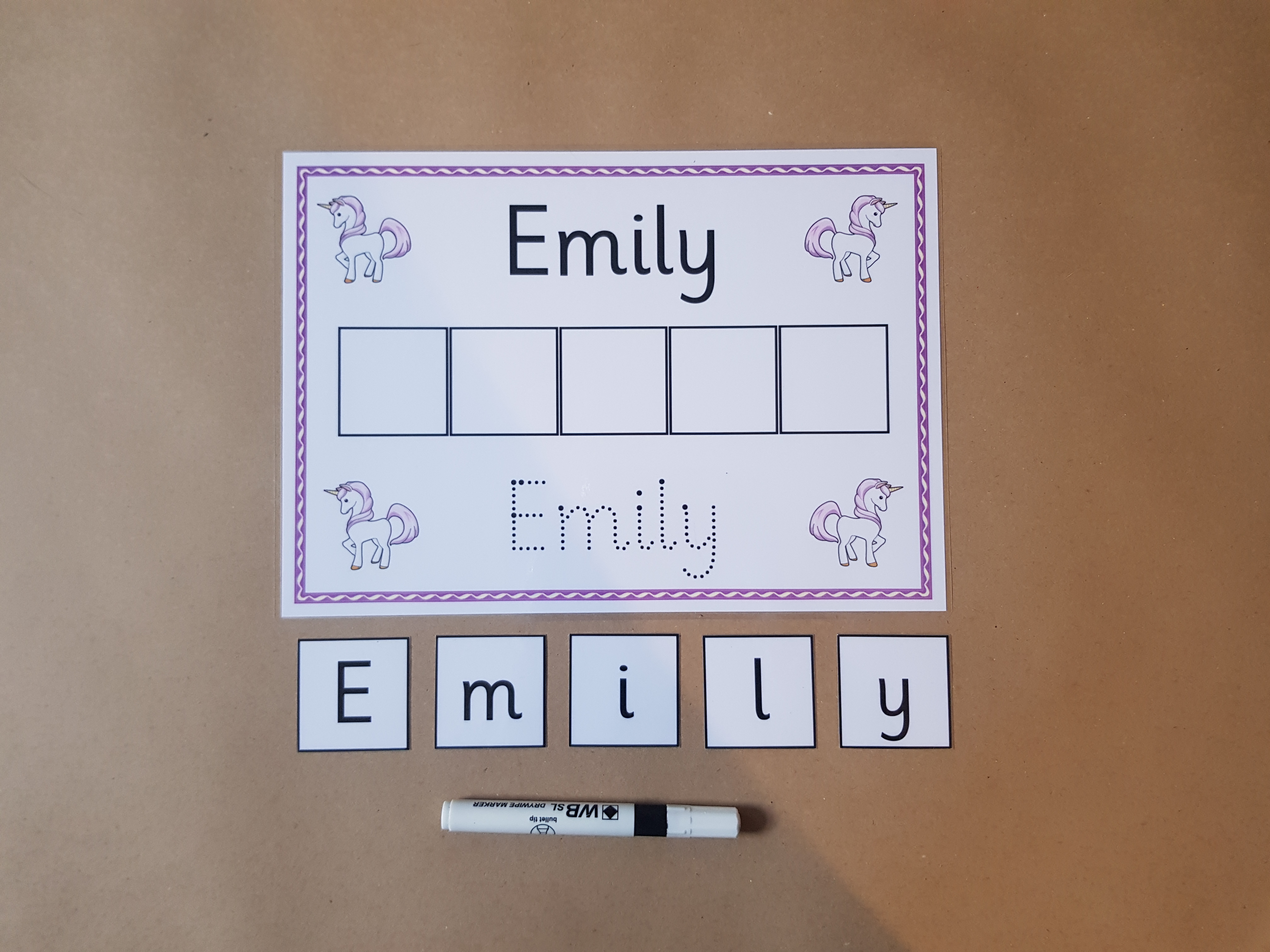 Write and Spell Name card - unicorn design