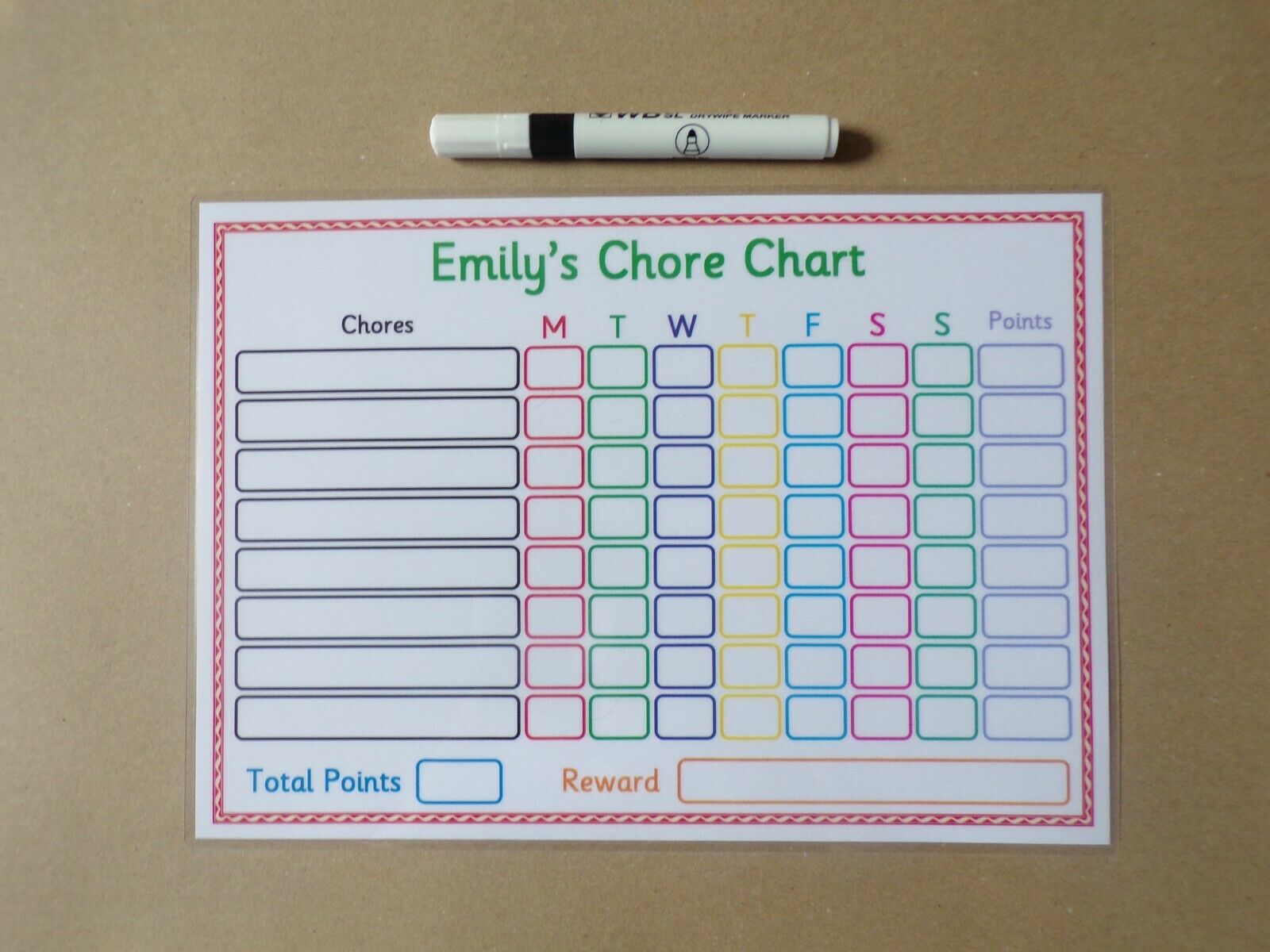 Personalised Weekly Chore Chart and dry wipe pen