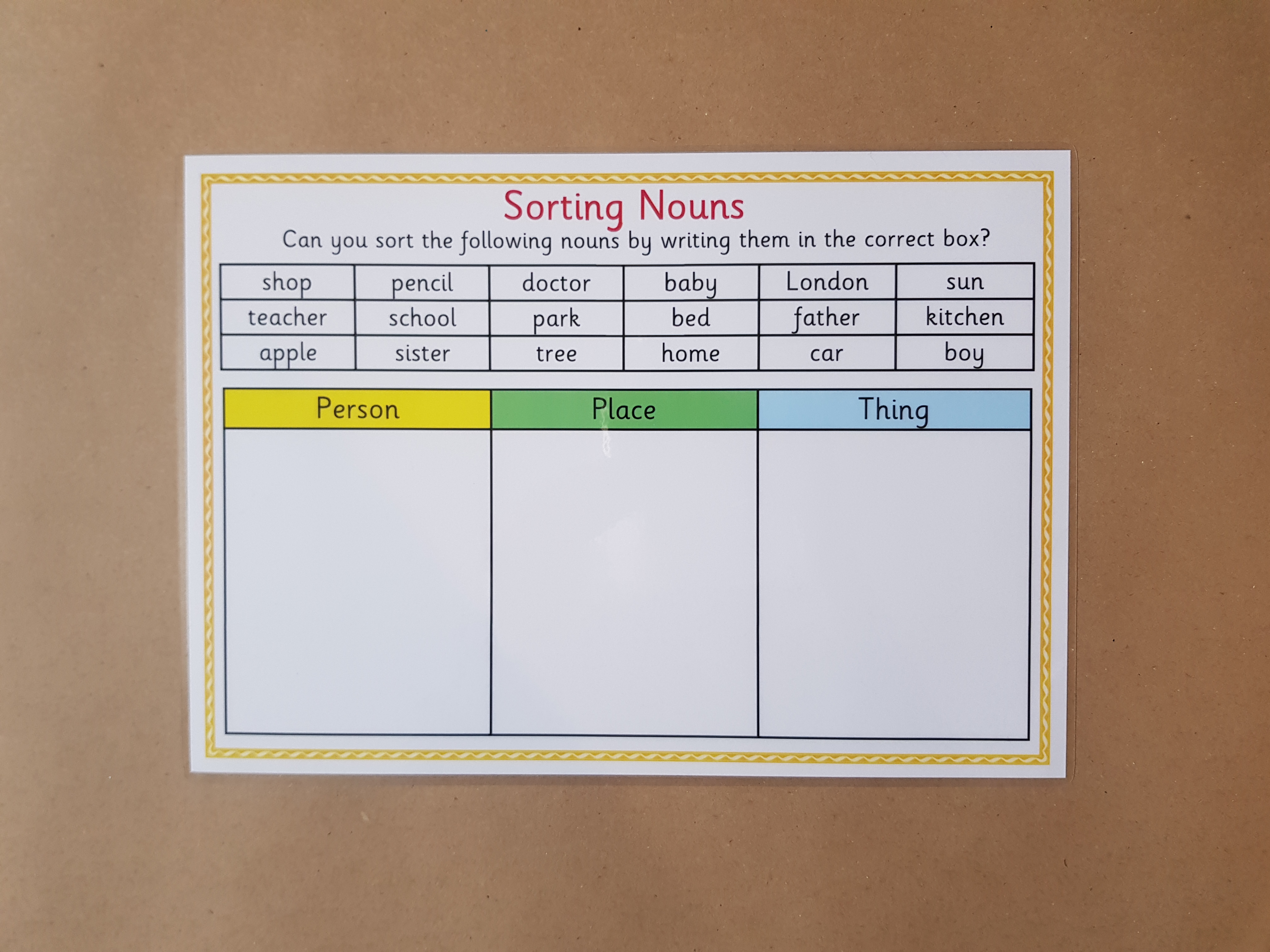 Sorting Nouns, reusable worksheet,  KS1/KS2 Literacy Teaching Resource 