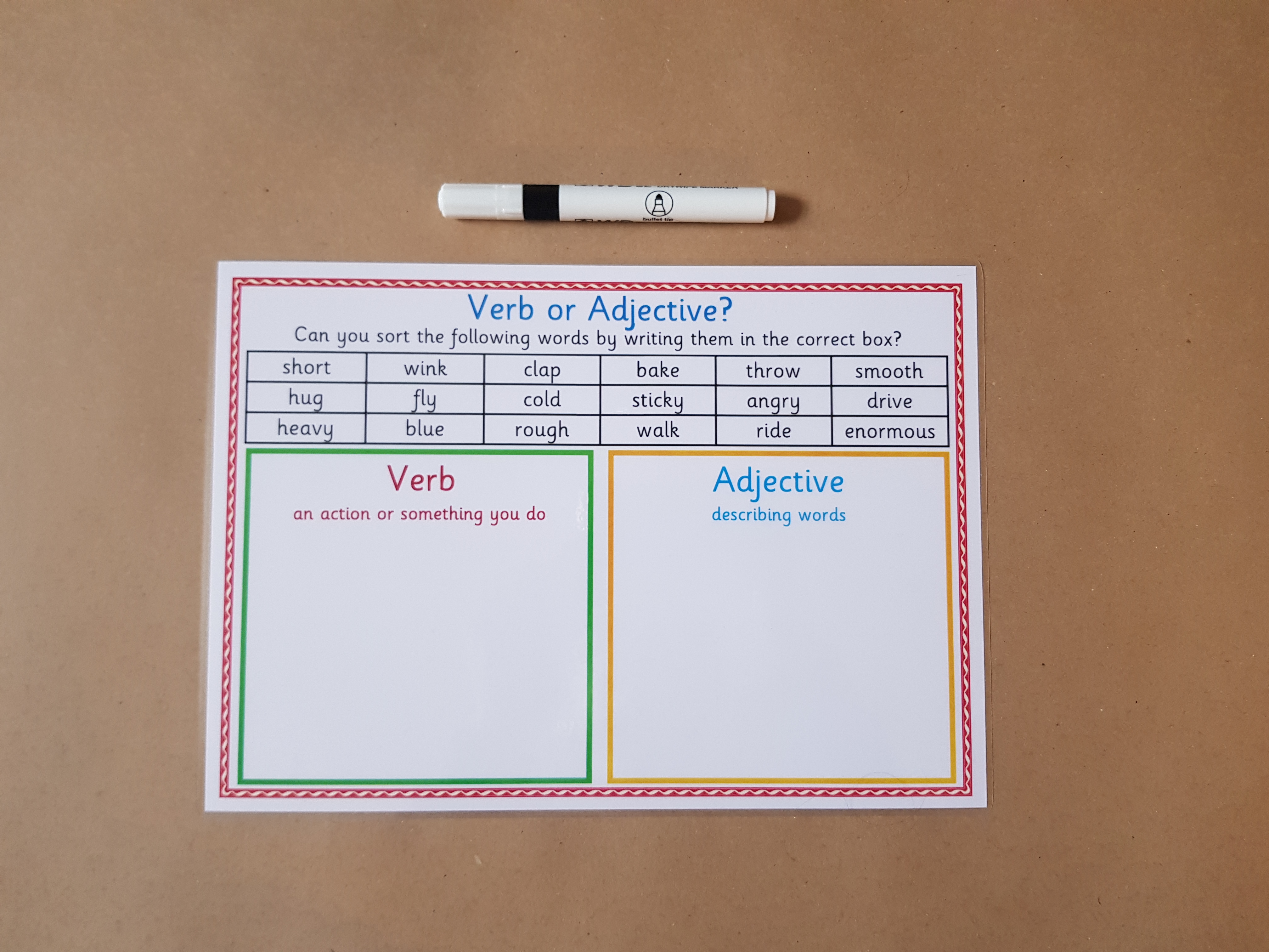 Verb or adjective? reusable worksheet, KS1/KS2 Literacy Teaching Resource