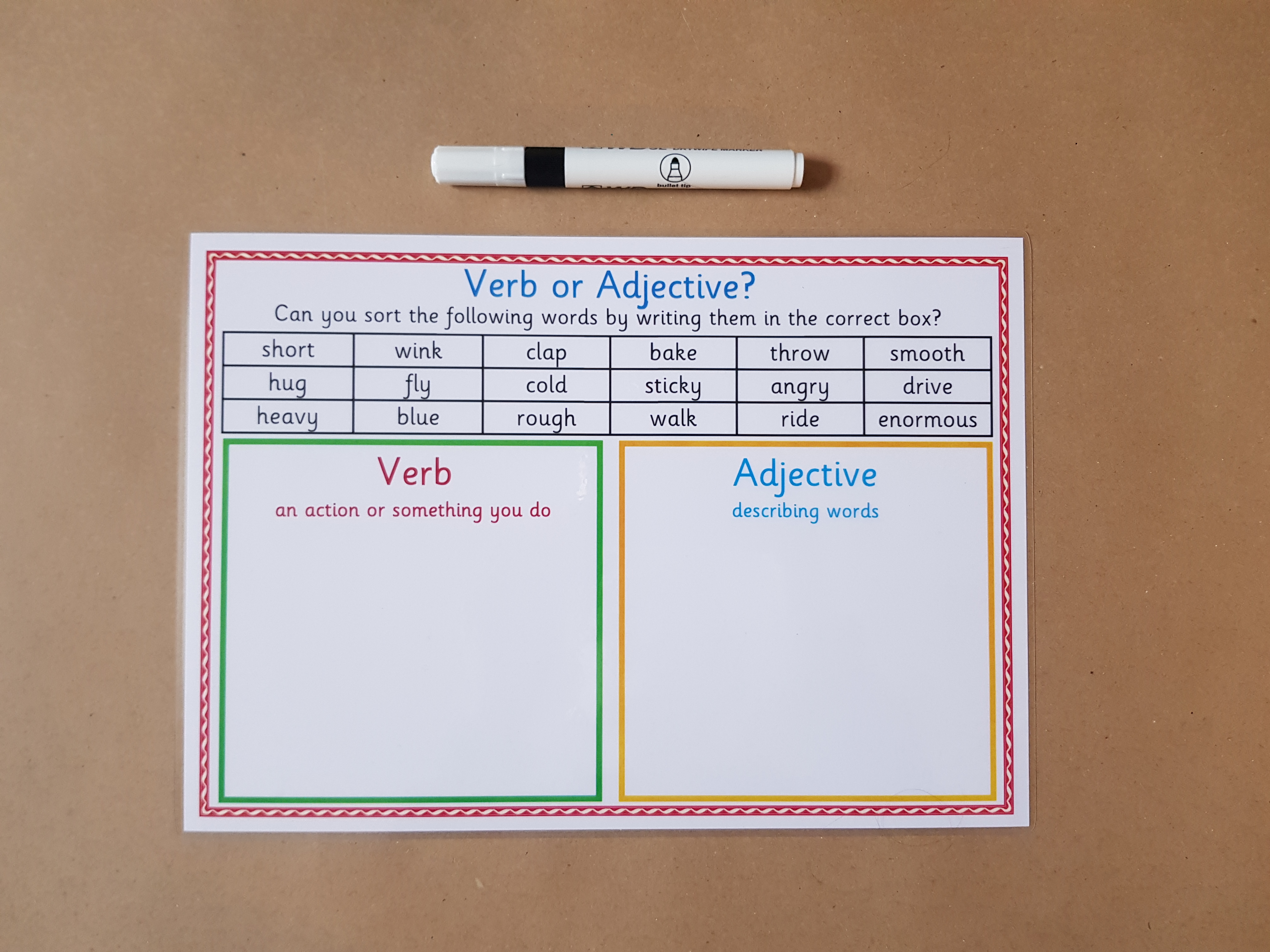 Verb or adjective? reusable worksheet,  KS1/KS2 Literacy Teaching Resource 
