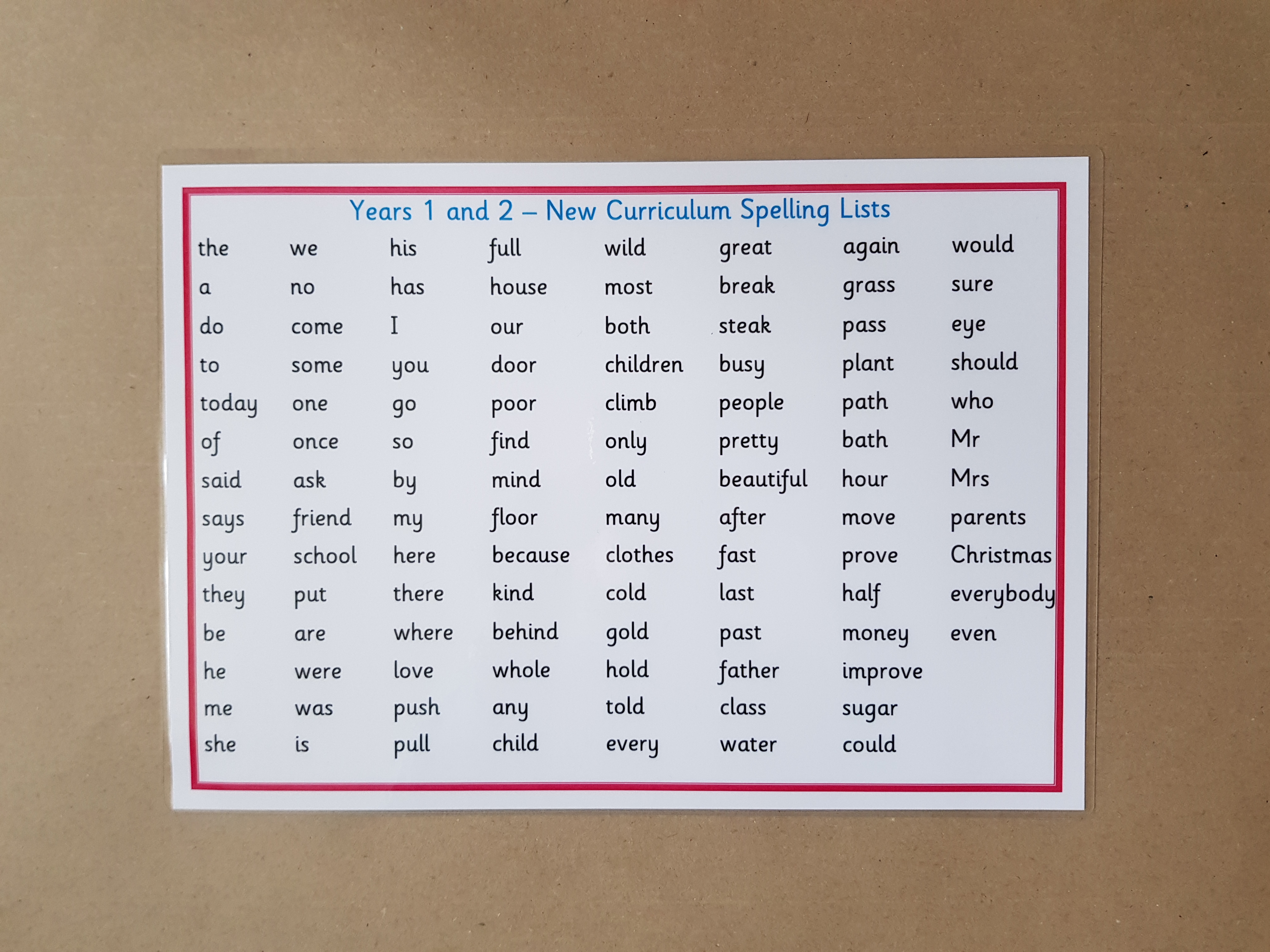 Year 1 and 2 New Curriculum Word List