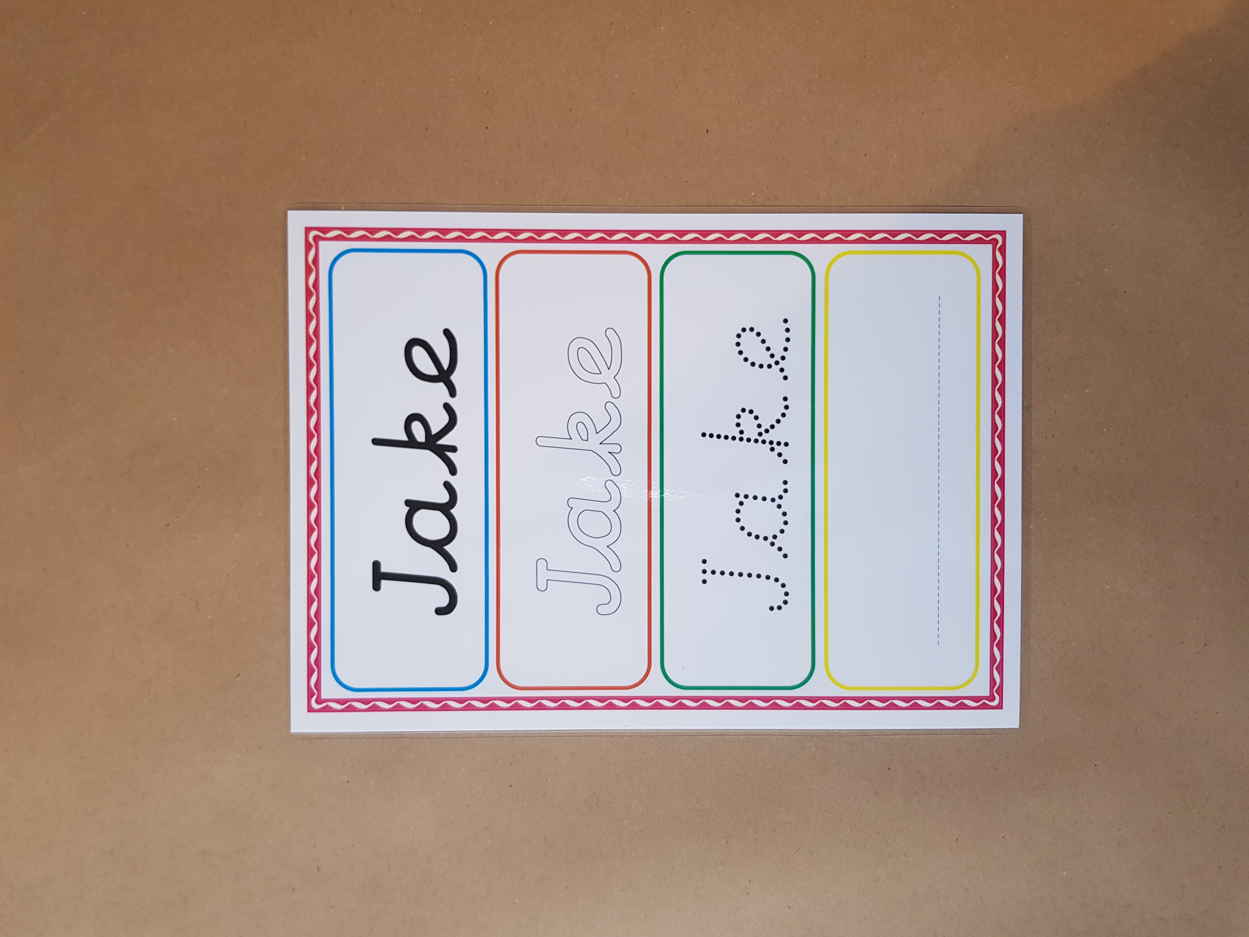 Personalised Name Card - name tracing card and dry wipe pen - pre cursive font 