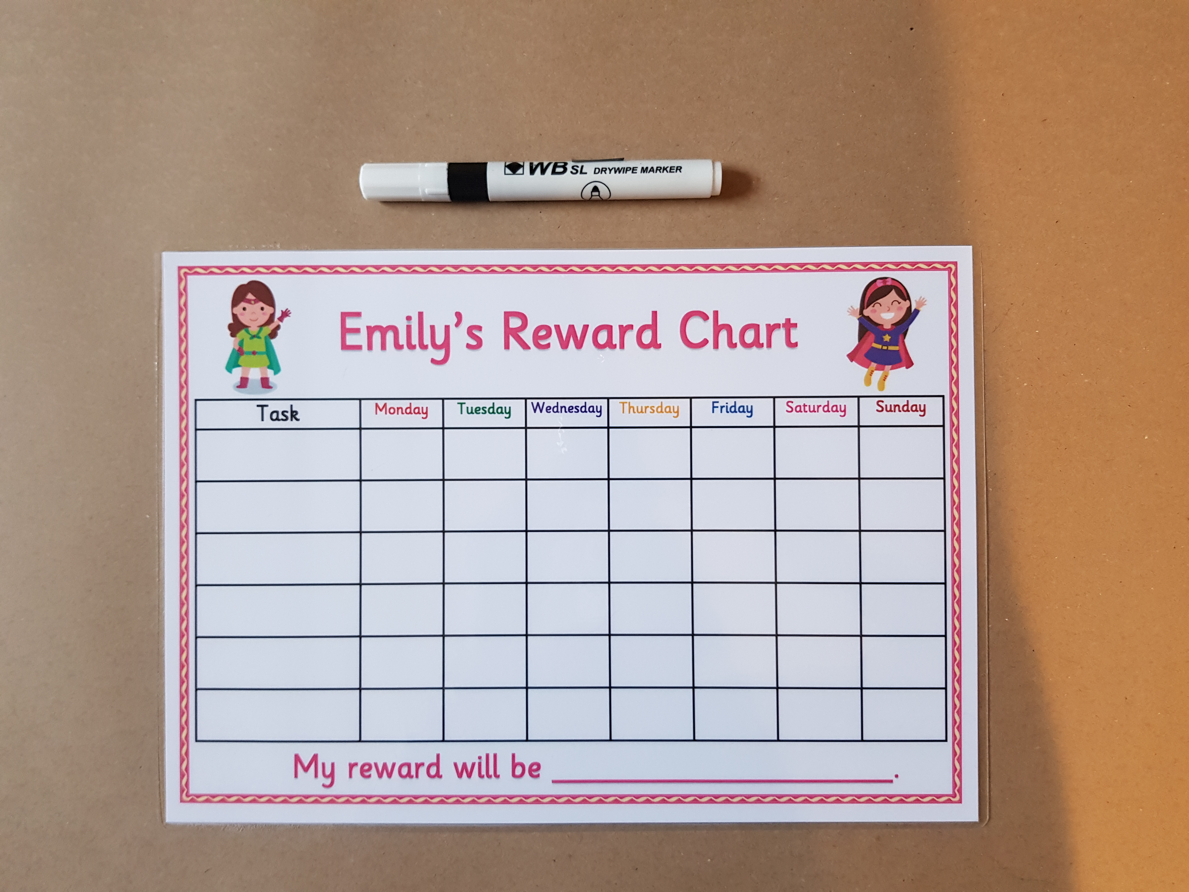  Personalised Reward Charts and dry wipe pen - superhero design