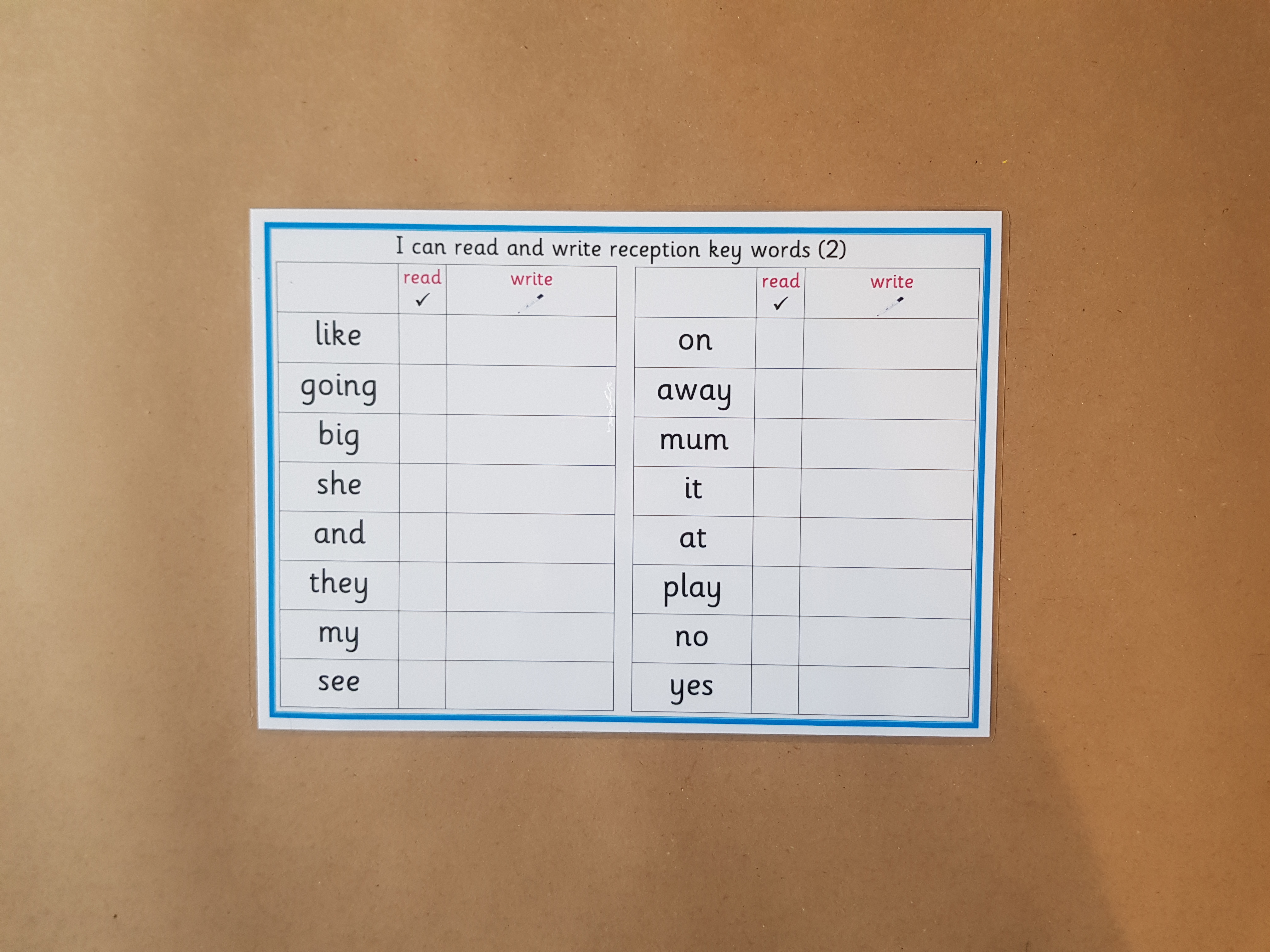 I can Read and Write Reception Key Words
