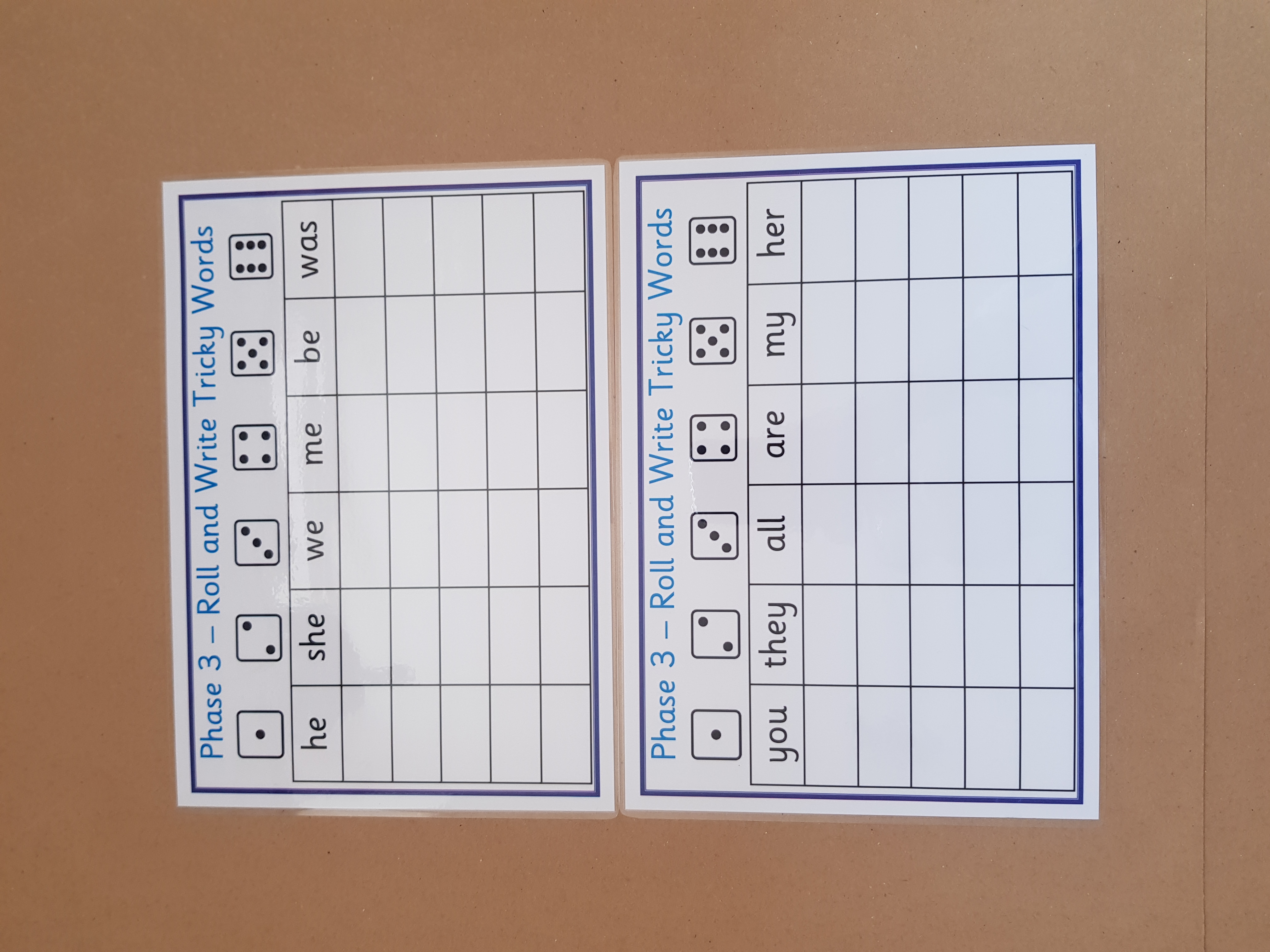Phase 3 Roll and write tricky words game 