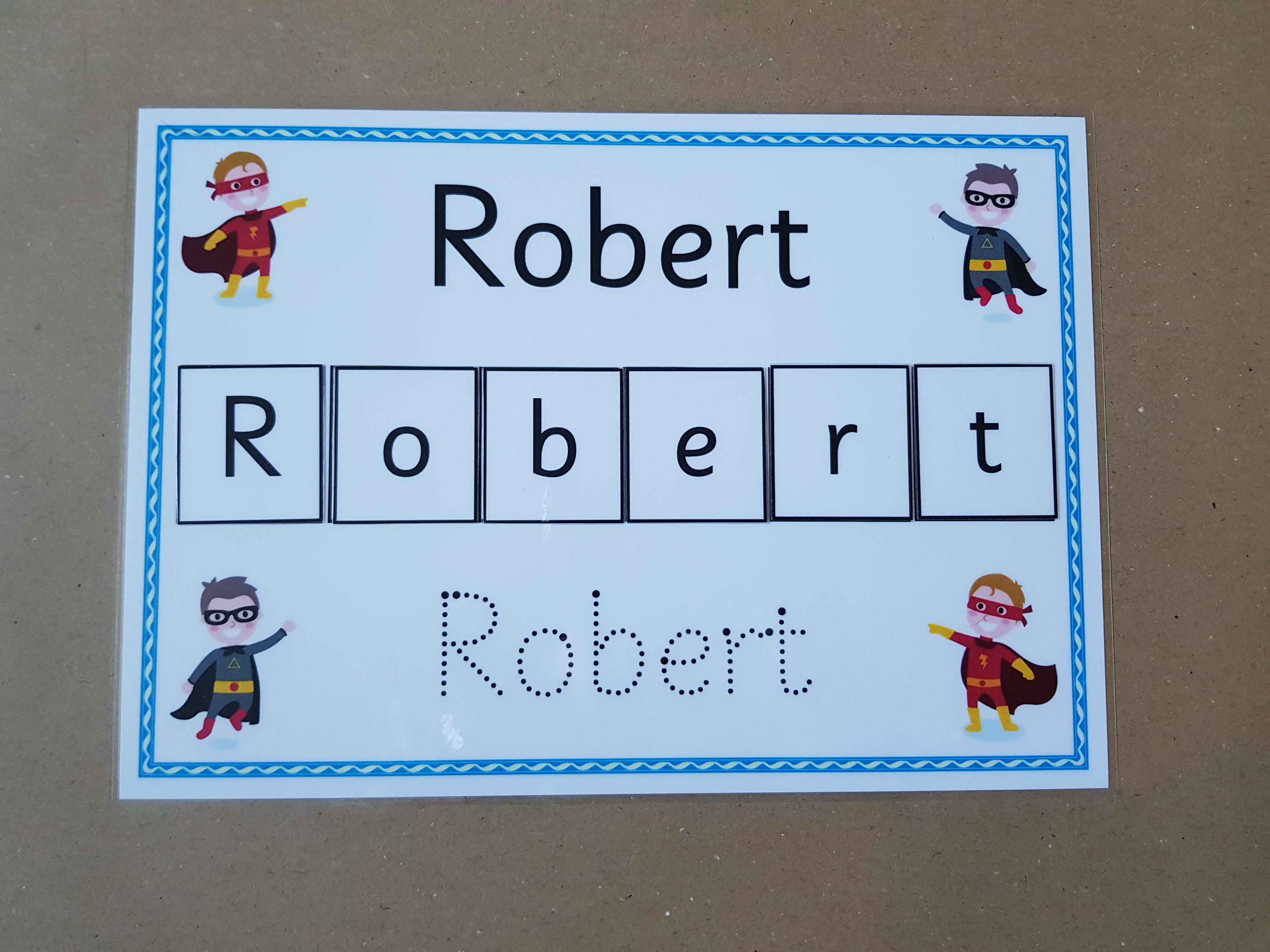 Write and Spell Name card - superhero design 