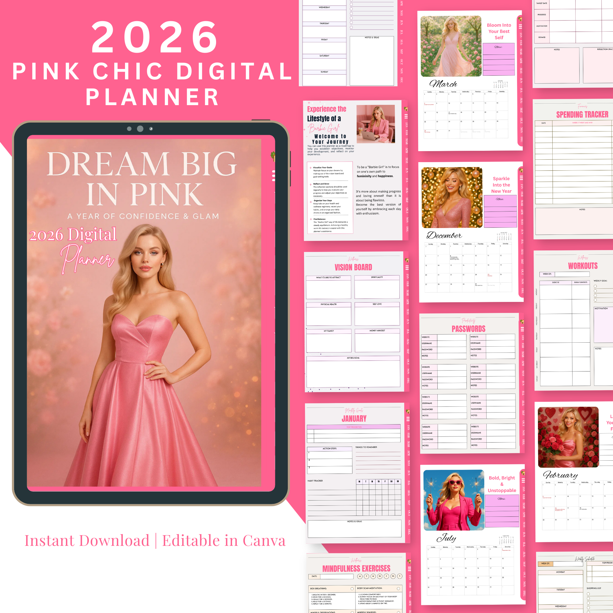 Barbie Pink-Themed Motivational 12‑Month Digital Calendar