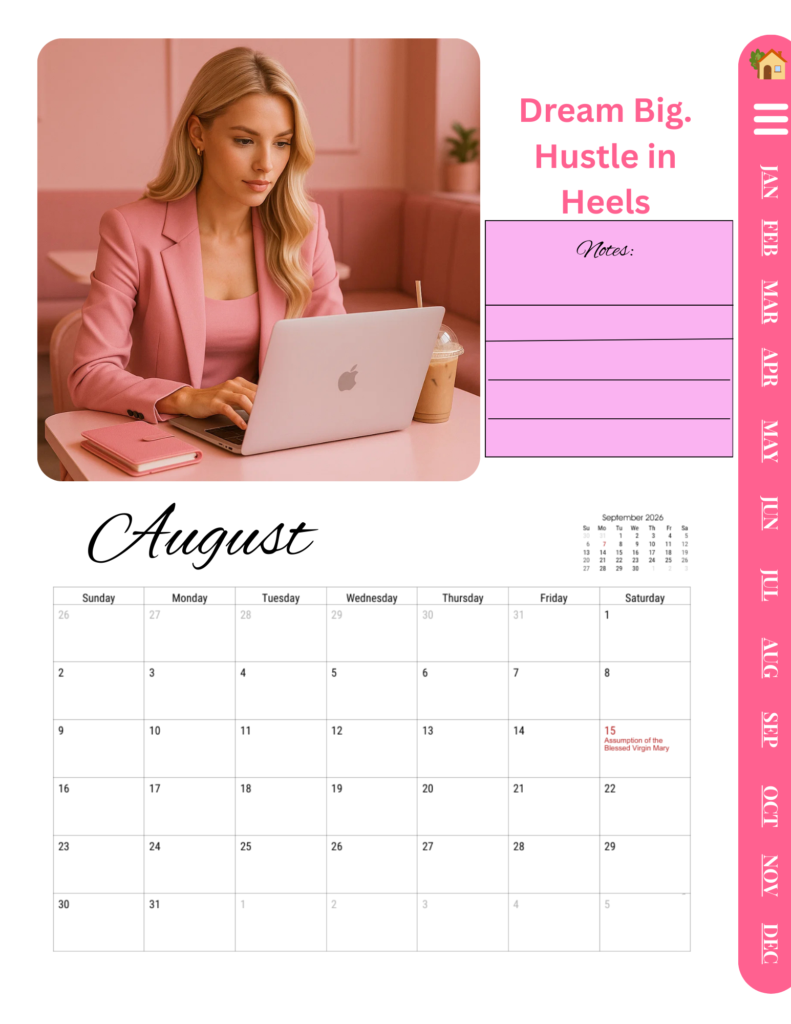 Barbie Pink-Themed Motivational 12‑Month Digital Calendar