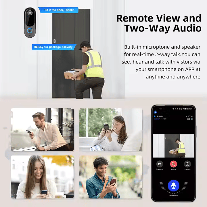 Caméra de sonnette vidéo intelligente sans fil 1080p, audio bidirectionnel, vidéo HD, alertes de mouvement et de carillon via application.