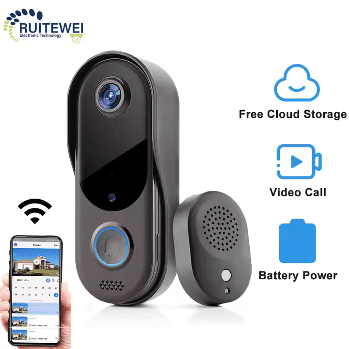 Caméra de sonnette vidéo intelligente sans fil 1080p, audio bidirectionnel, vidéo HD, alertes de mouvement et de carillon via application.