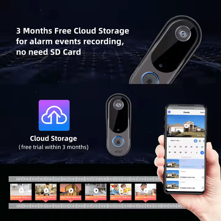 Caméra de sonnette vidéo intelligente sans fil 1080p, audio bidirectionnel, vidéo HD, alertes de mouvement et de carillon via application.