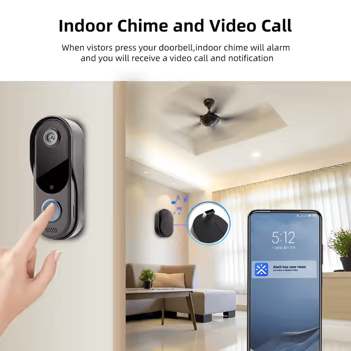 Caméra de sonnette vidéo intelligente sans fil 1080p, audio bidirectionnel, vidéo HD, alertes de mouvement et de carillon via application.